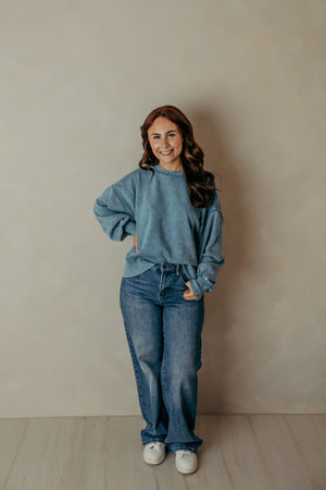 Acid Wash Fleece Oversized Pullover - Blue Grey