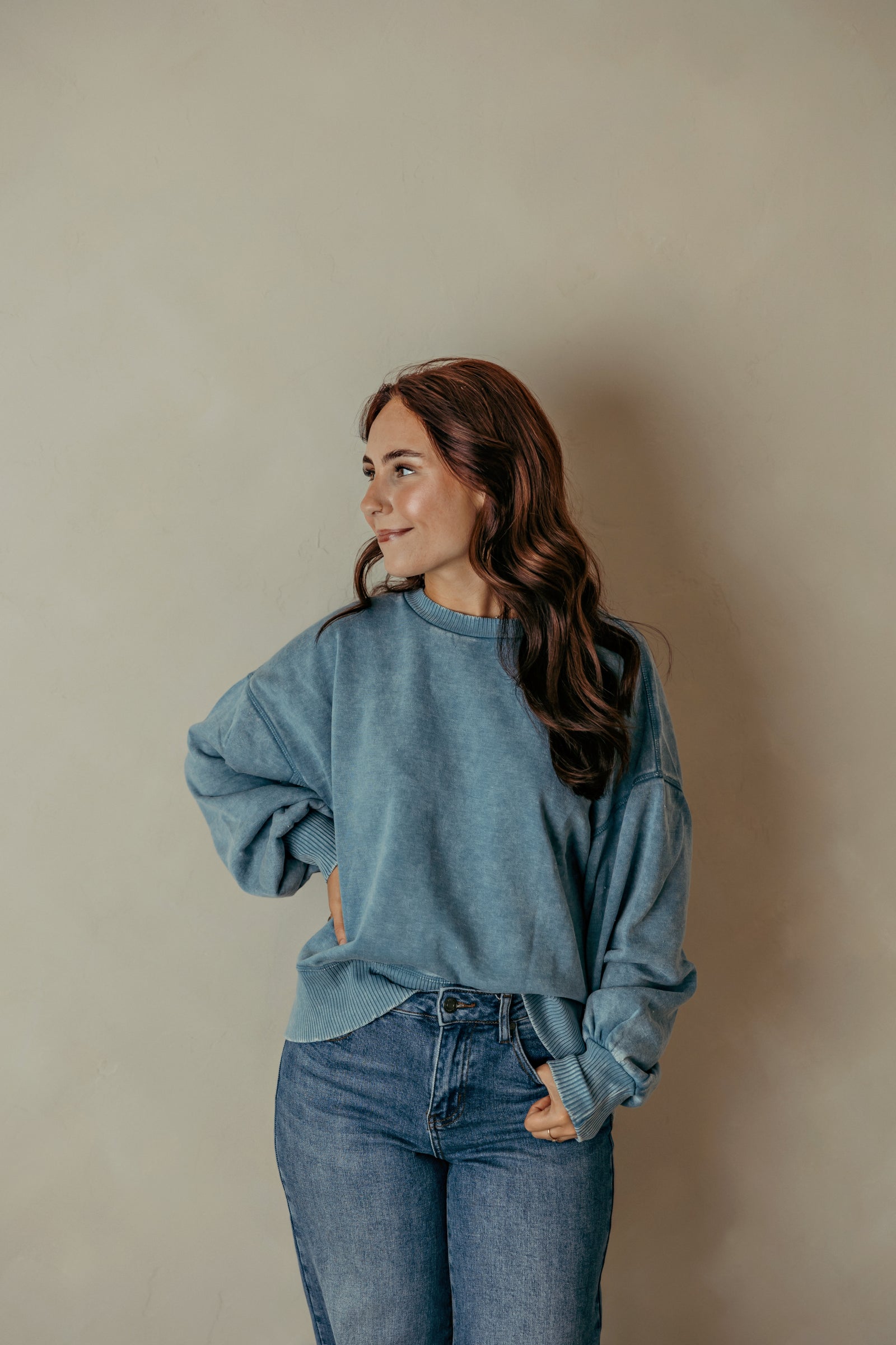 Acid Wash Fleece Oversized Pullover - Blue Grey