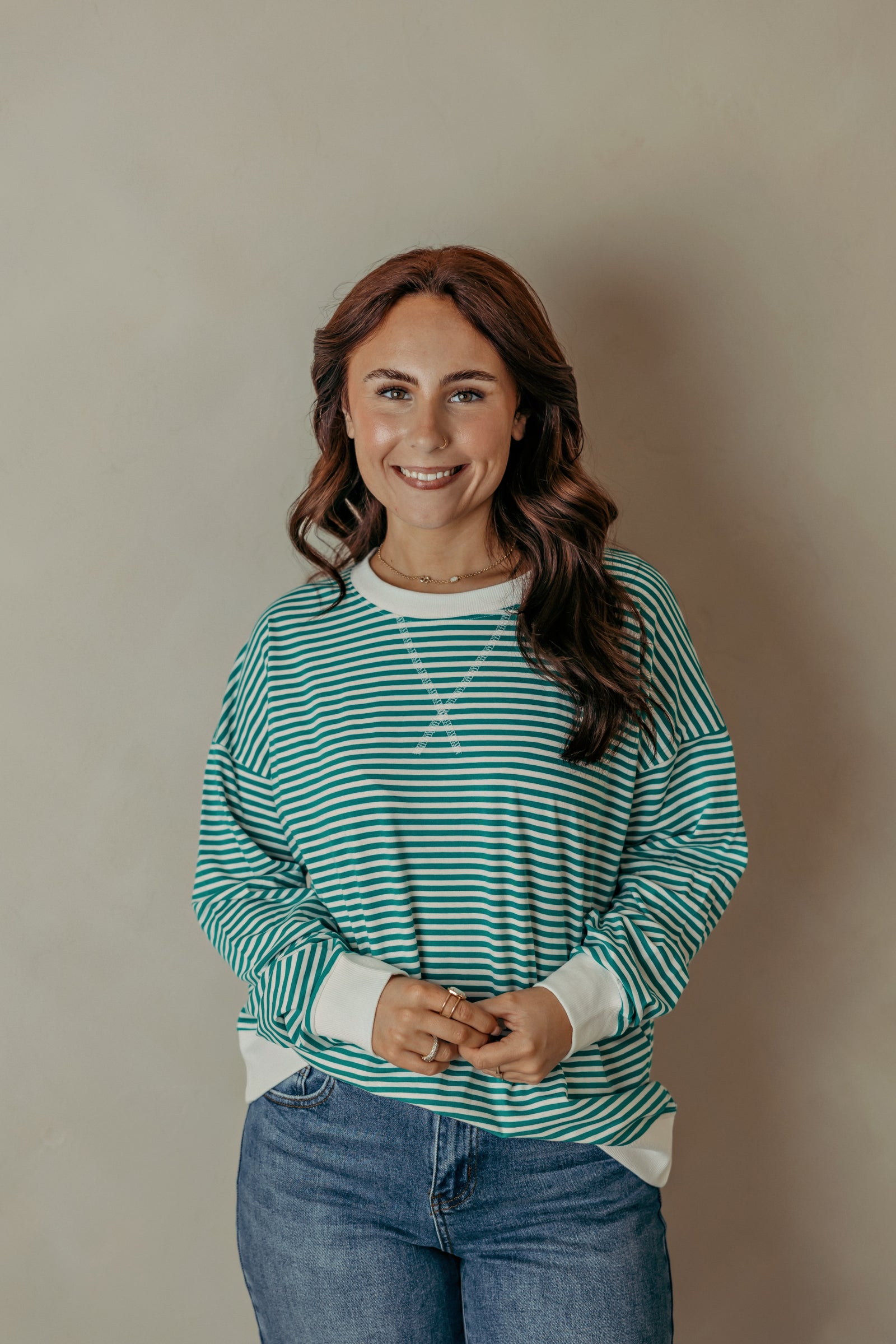 Striped Rib Band Pullover - Kelly Green
