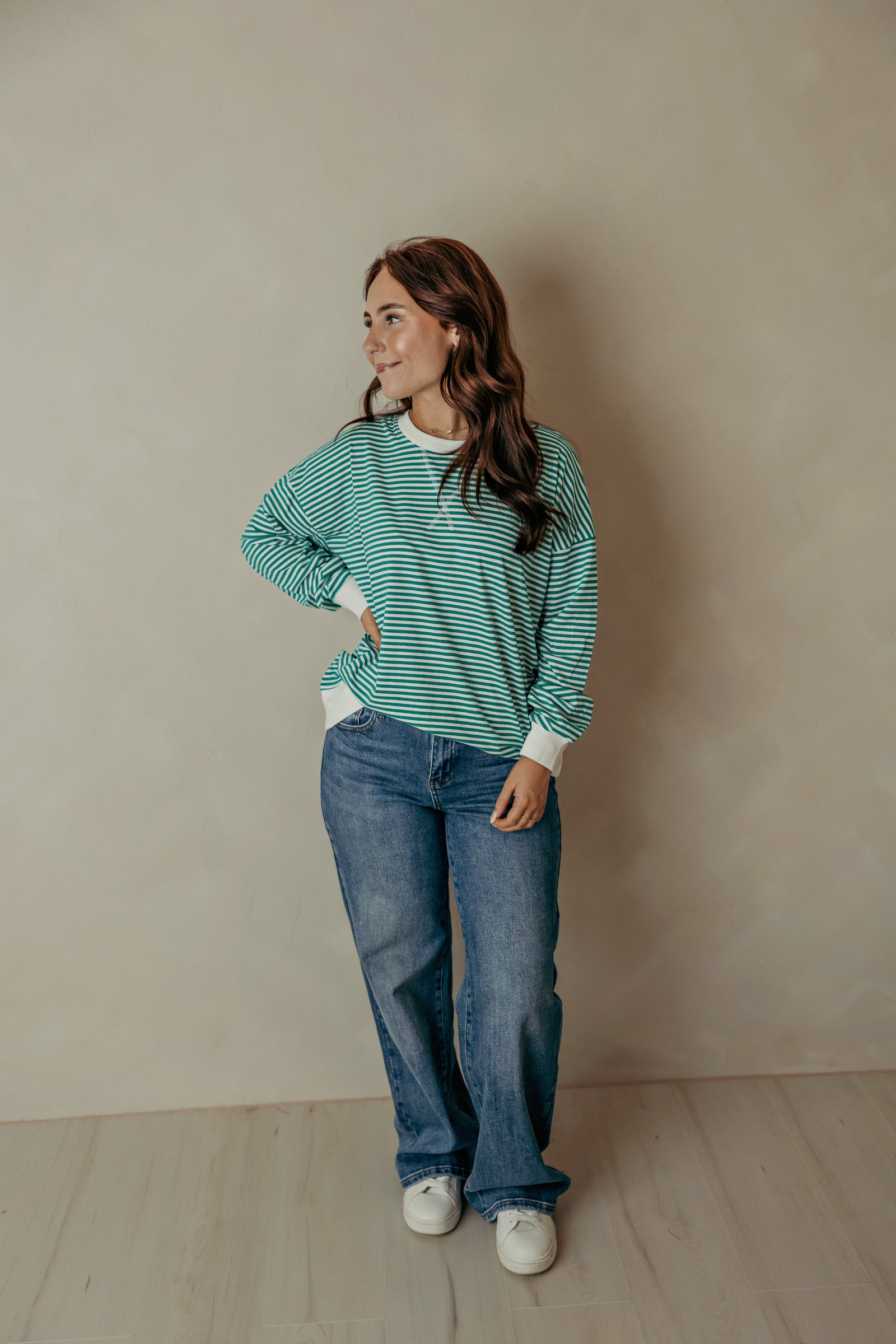 Striped Rib Band Pullover - Kelly Green