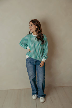 Striped Rib Band Pullover - Kelly Green