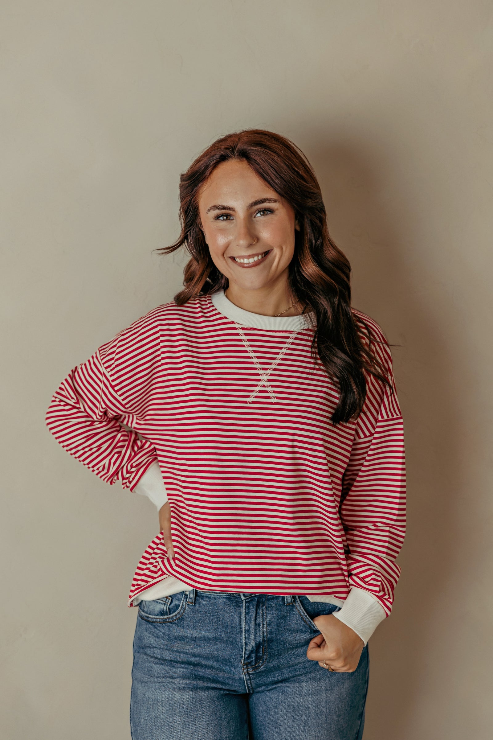 Striped Rib Band Pullover -  Ruby