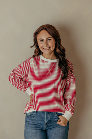 Striped Rib Band Pullover -  Ruby