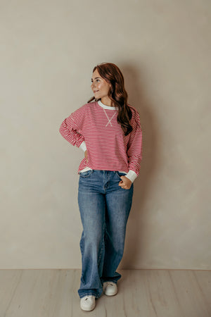 Striped Rib Band Pullover -  Ruby