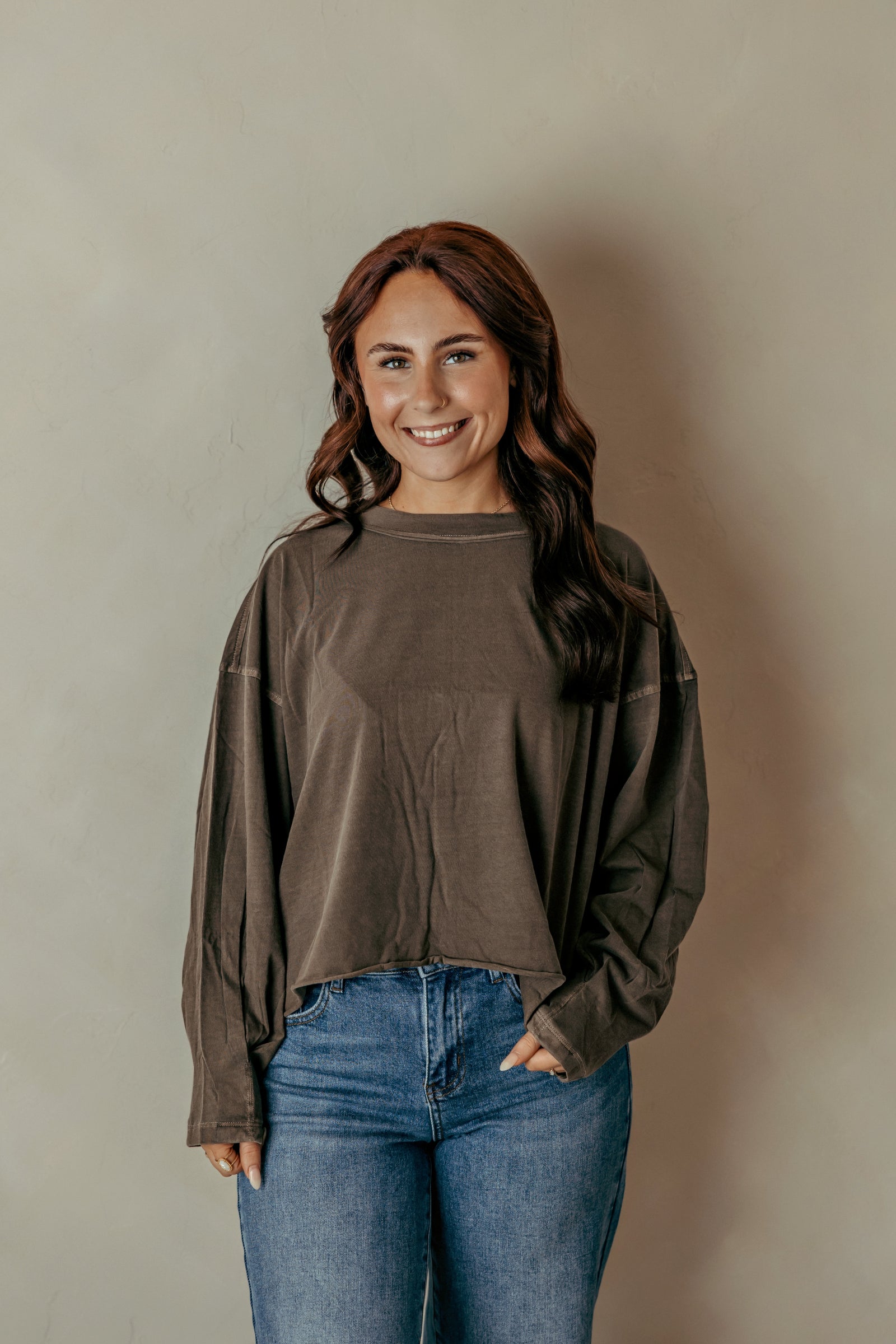 Pigment Dye Enzyme Washing Oversized Round Neck - Brown