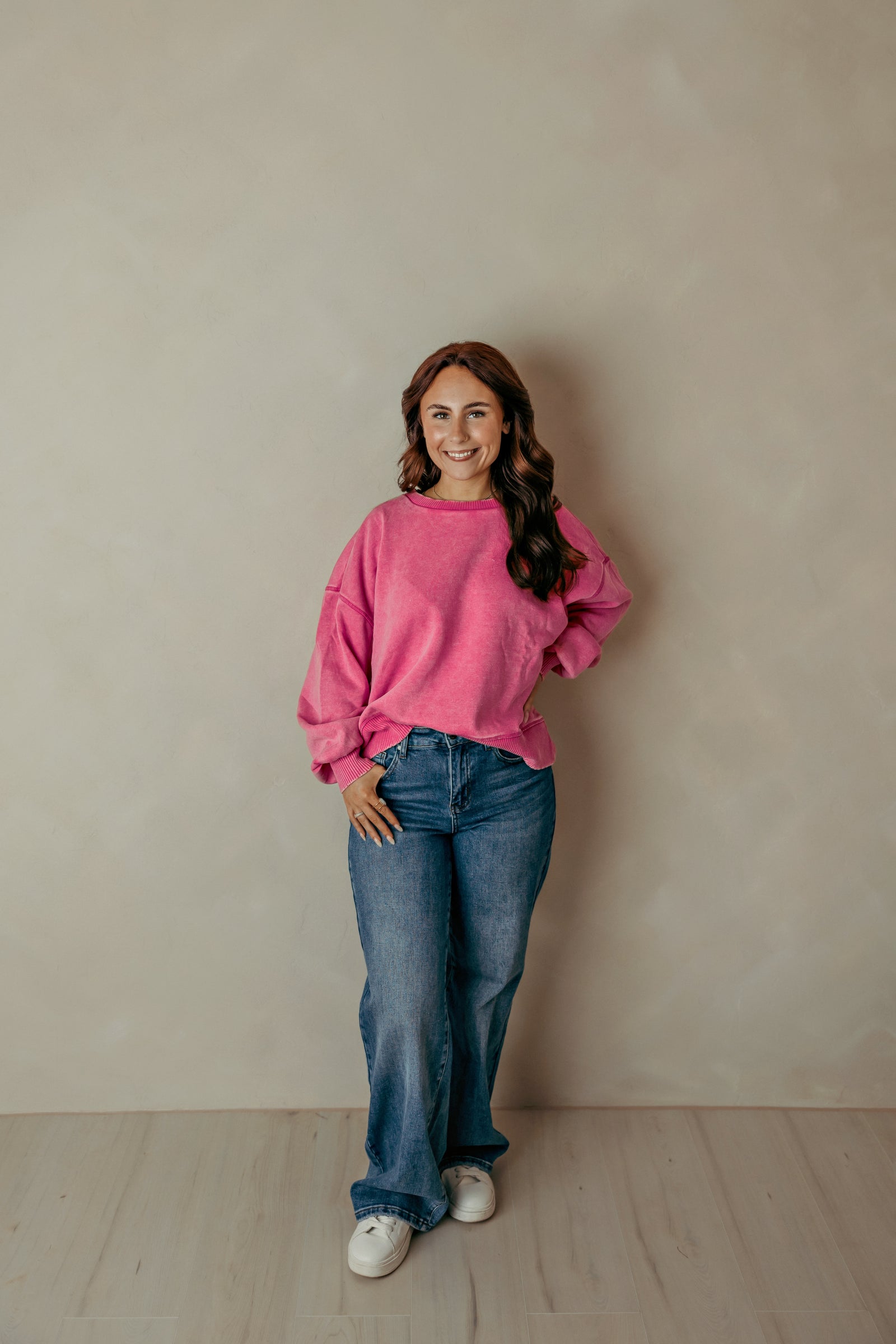 Acid Wash Fleece Oversized Pullover  -Hot Pink