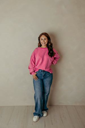 Acid Wash Fleece Oversized Pullover  -Hot Pink
