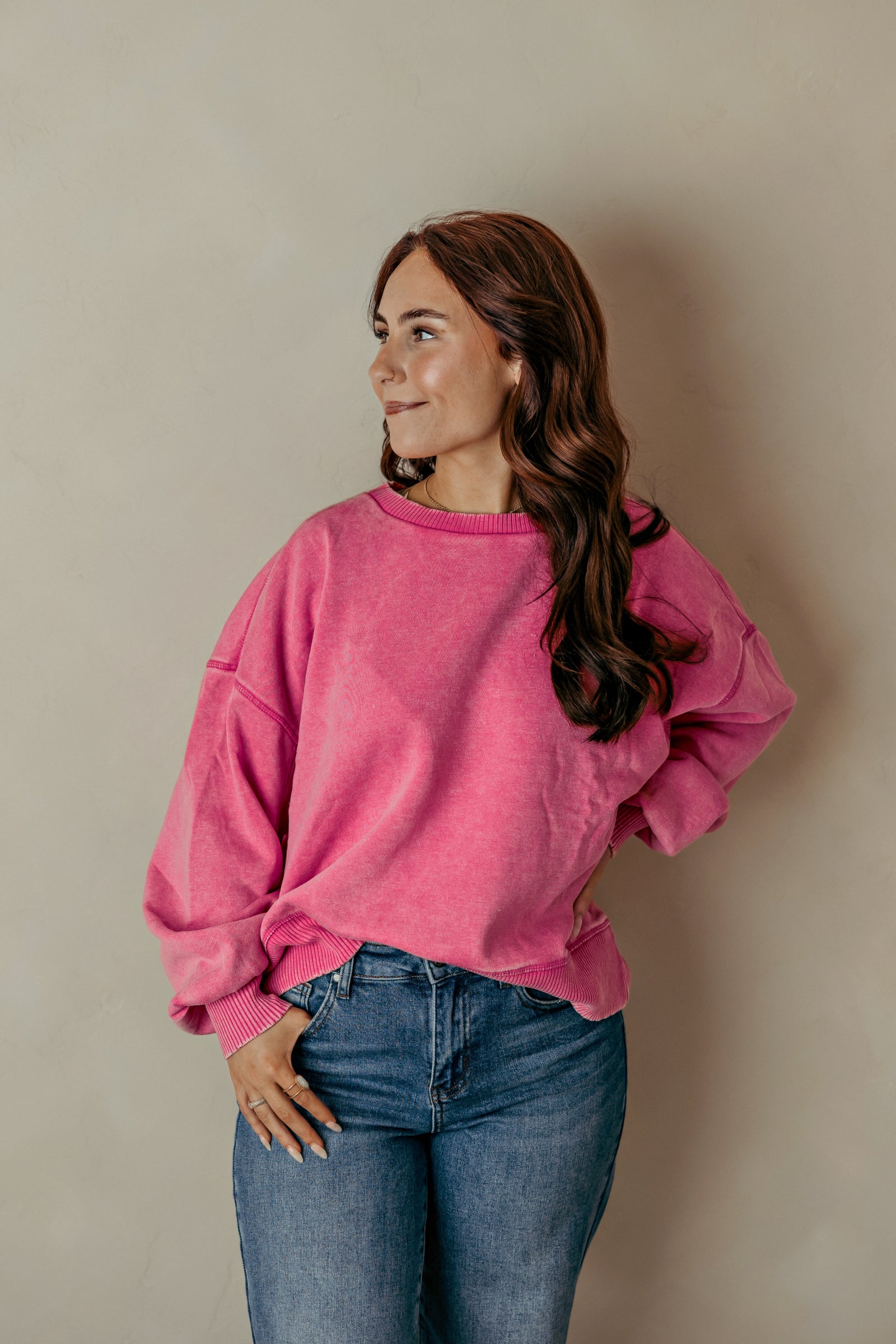 Acid Wash Fleece Oversized Pullover  -Hot Pink