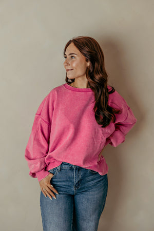 Acid Wash Fleece Oversized Pullover  -Hot Pink