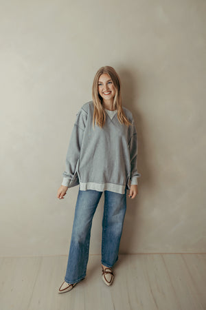 Fleece Acid Washed Contrast Trim Pullover - Sleet