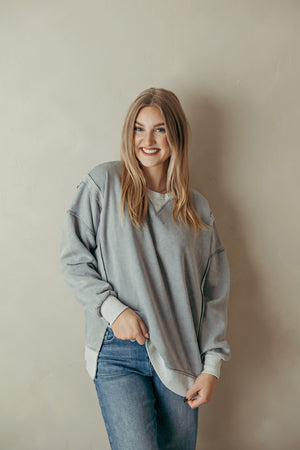 Fleece Acid Washed Contrast Trim Pullover - Sleet