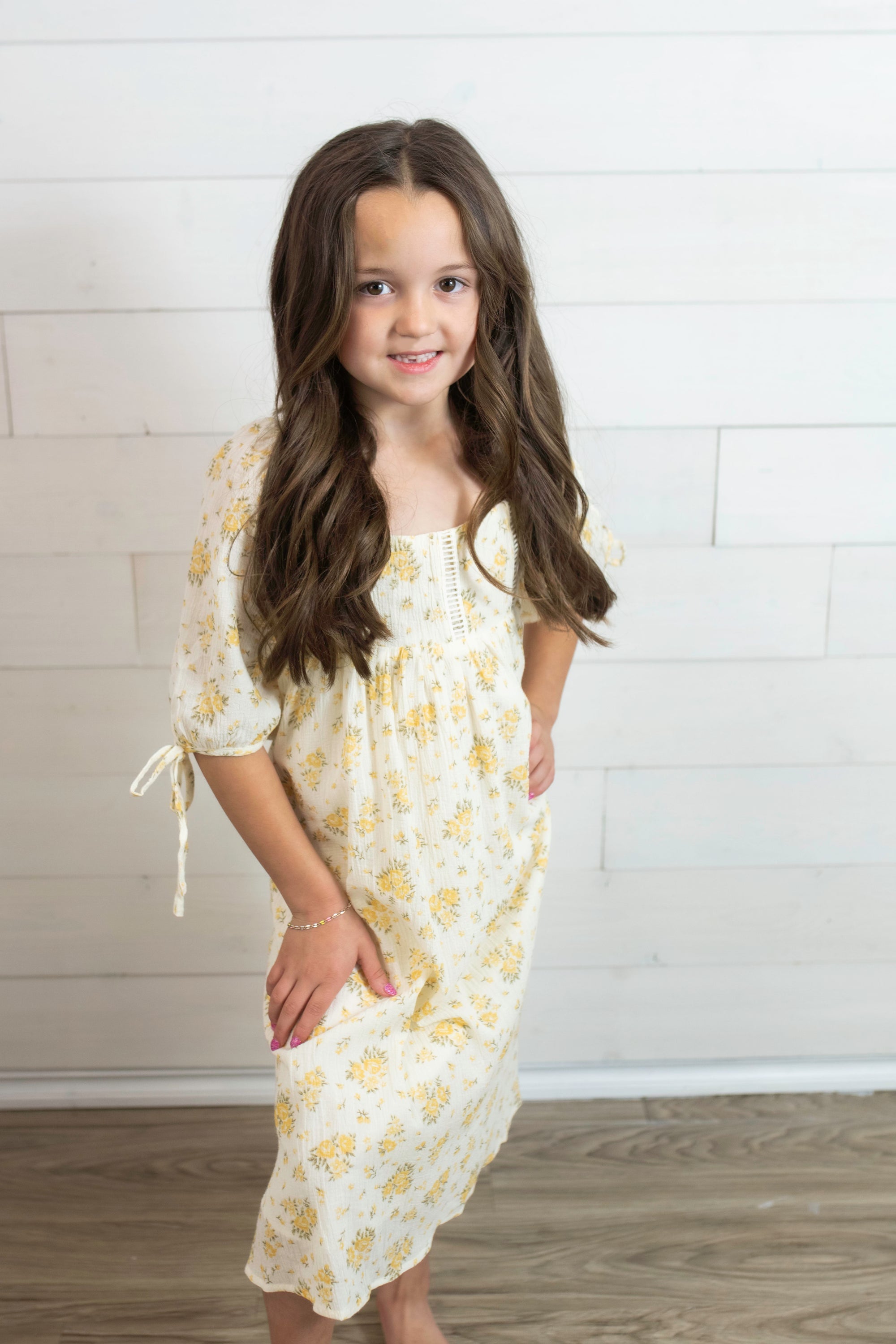 Girls Square Neck Floral Dress Yellow