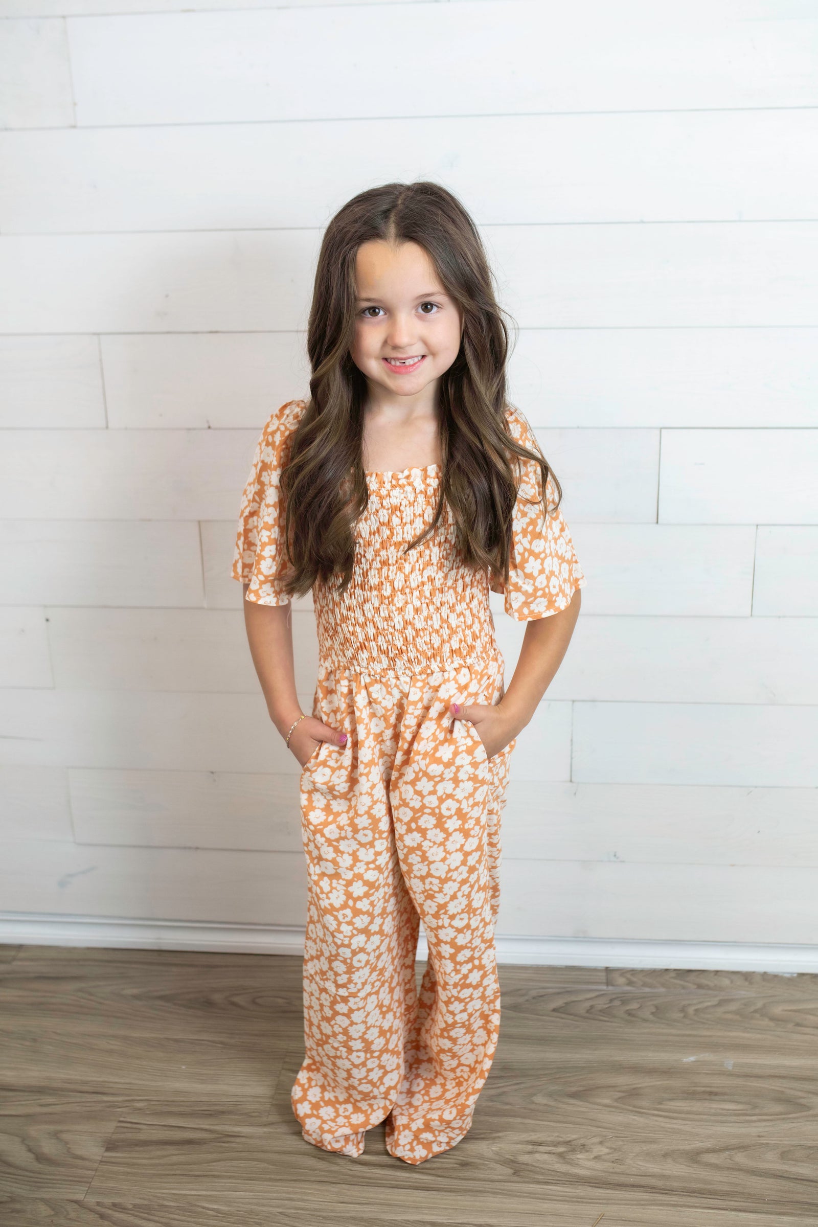 Girls Floral Jumpsuit Apricot