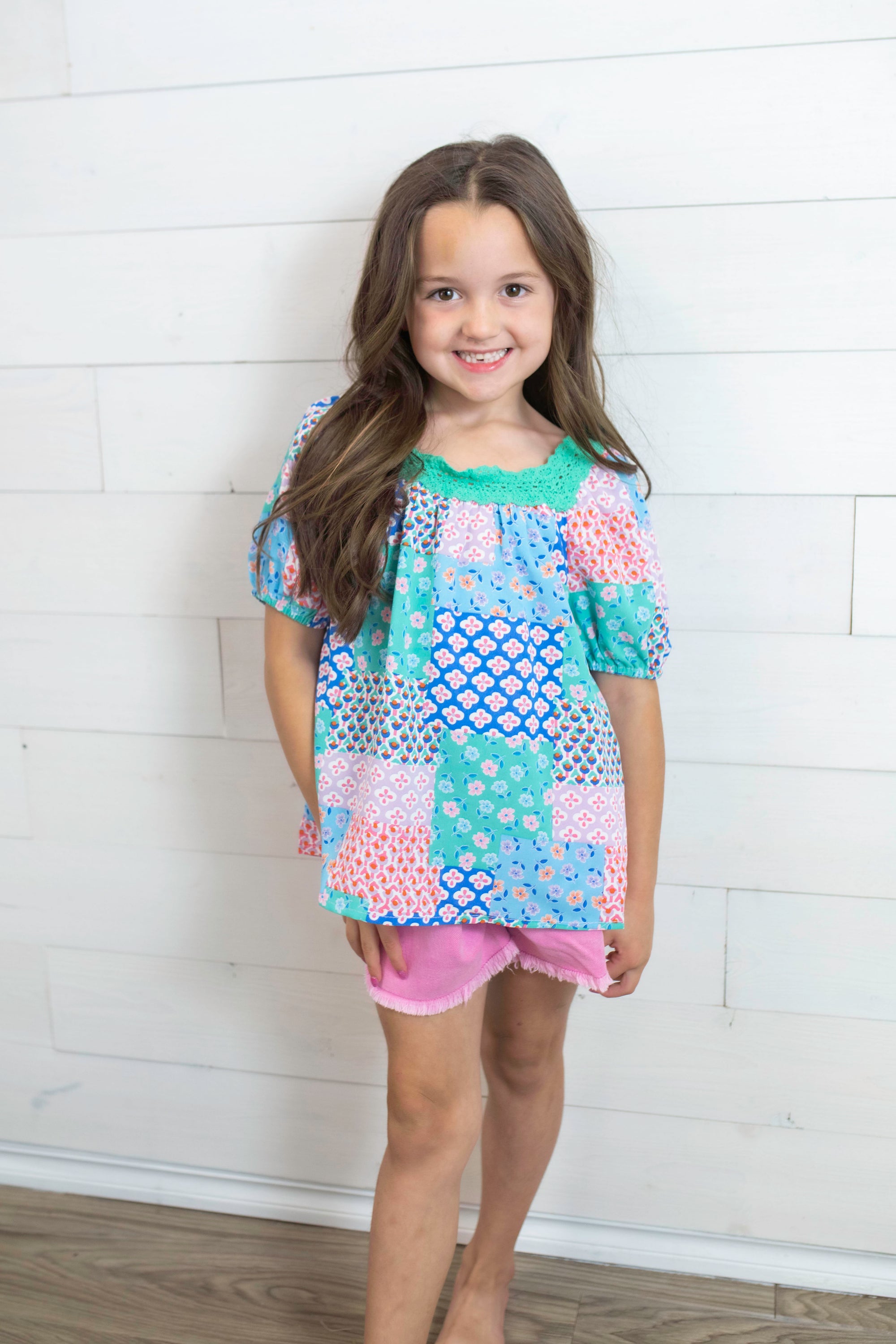 Girls Square Neck Floral Top Green