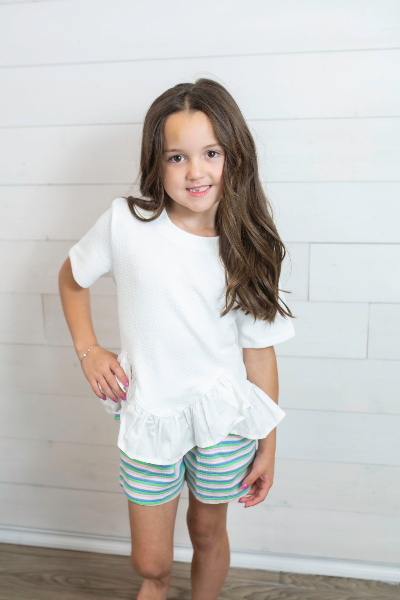 Girls Striped Shorts with Pockets Green Blue