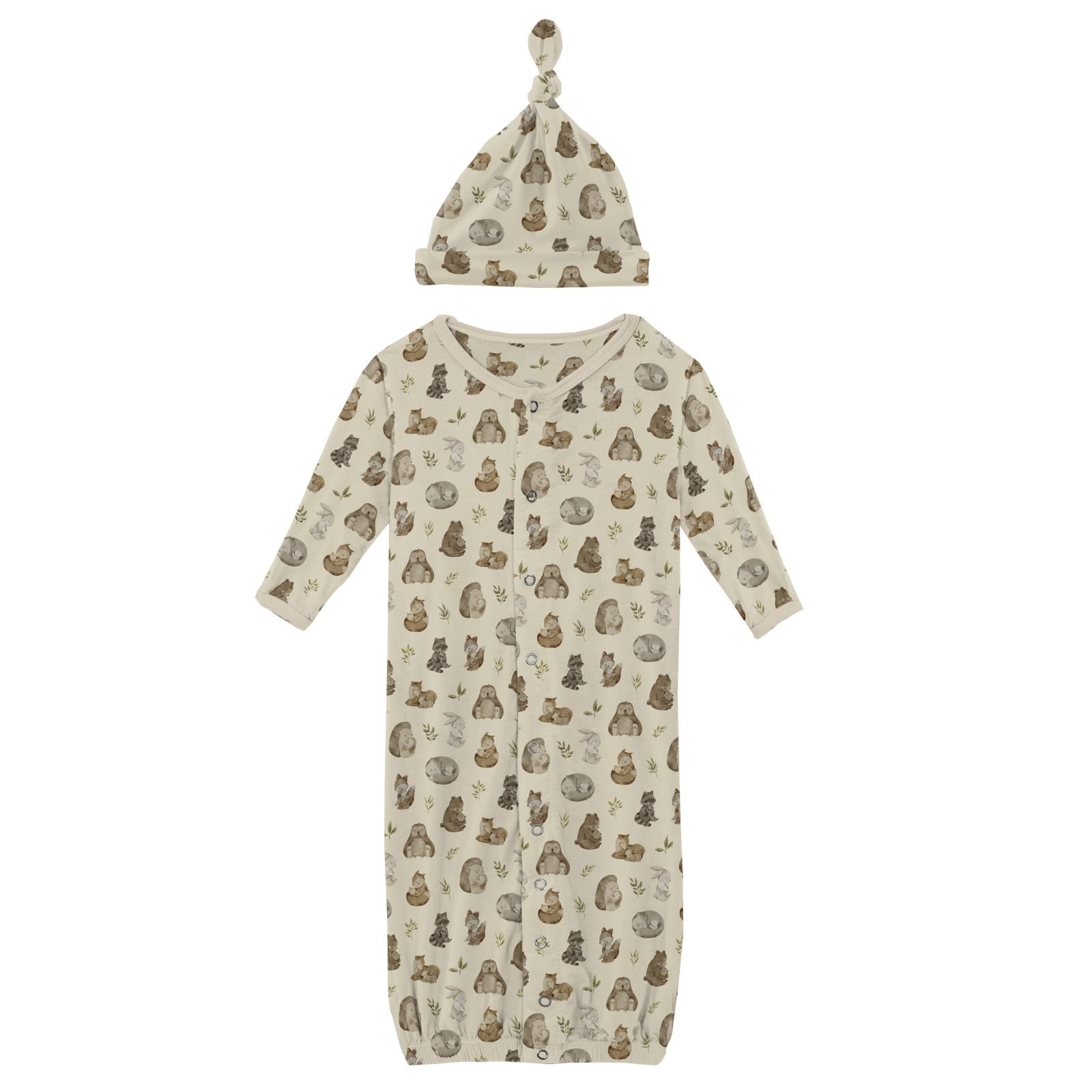 Print Layette Gown Converter & Single Knot Hat Set Natural Mom & Baby