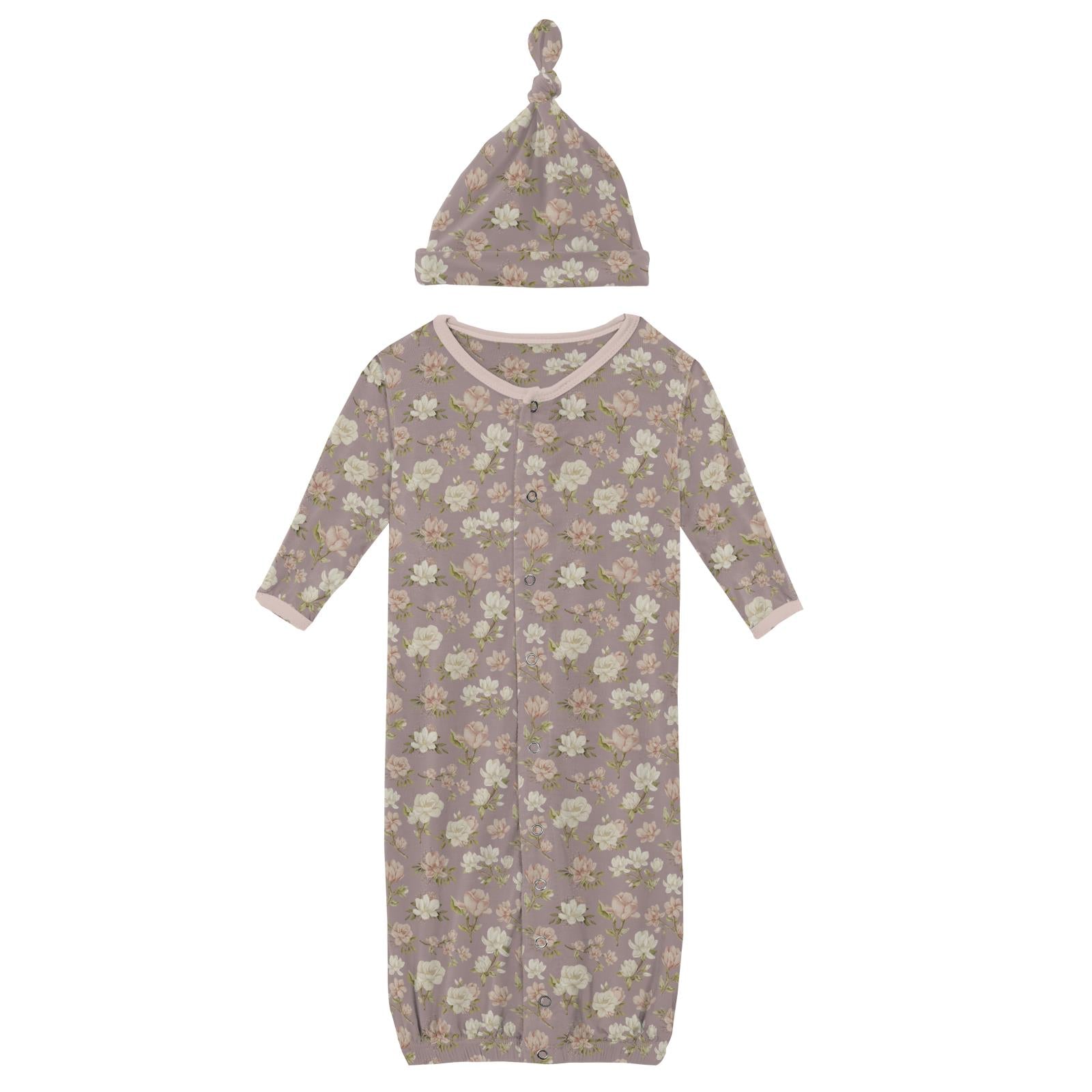 Kickee Layette Gown Converter & Single Knot Hat Set Sweet Pea Spring Floral