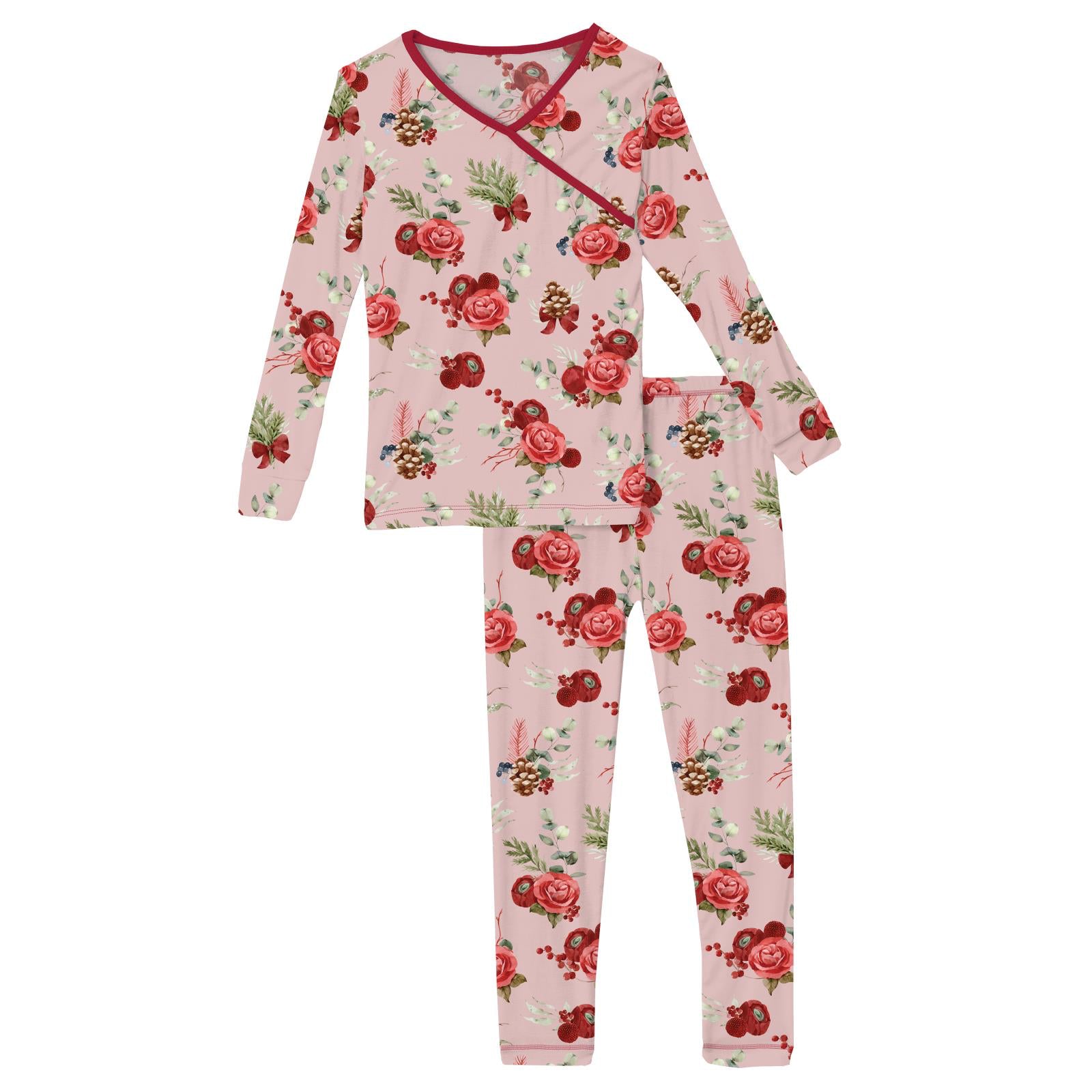 Kickee Print Long Sleeve Kimono Pajama Set- Baby Rose Holdiay Floral