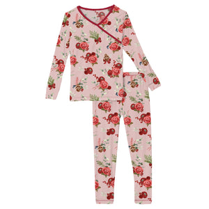 Kickee Print Long Sleeve Kimono Pajama Set- Baby Rose Holdiay Floral