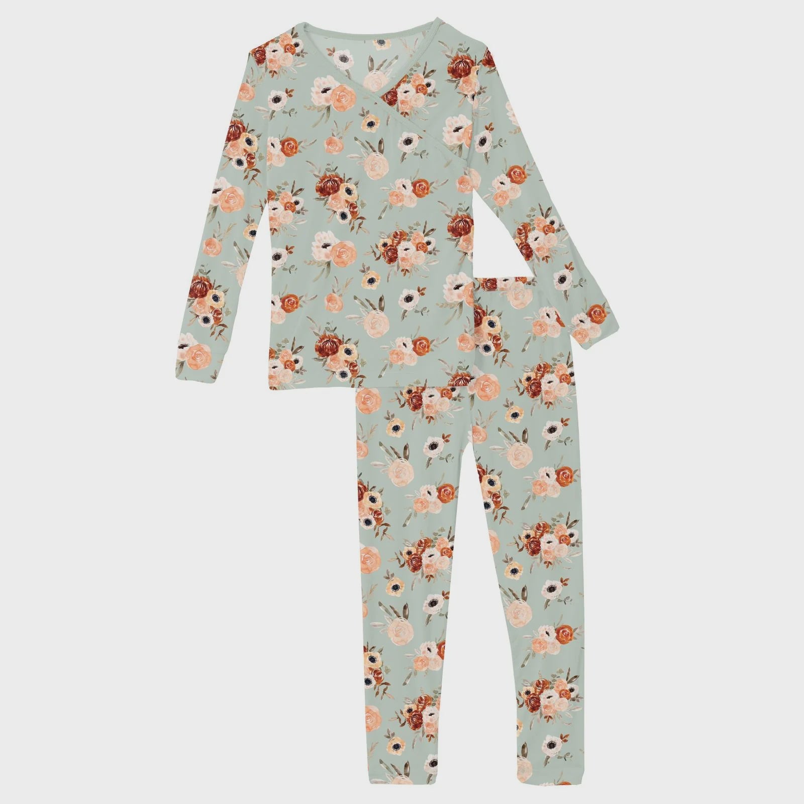 Kickee Print Long Sleeve Kimono Pajama Set Aloe Fall Floral