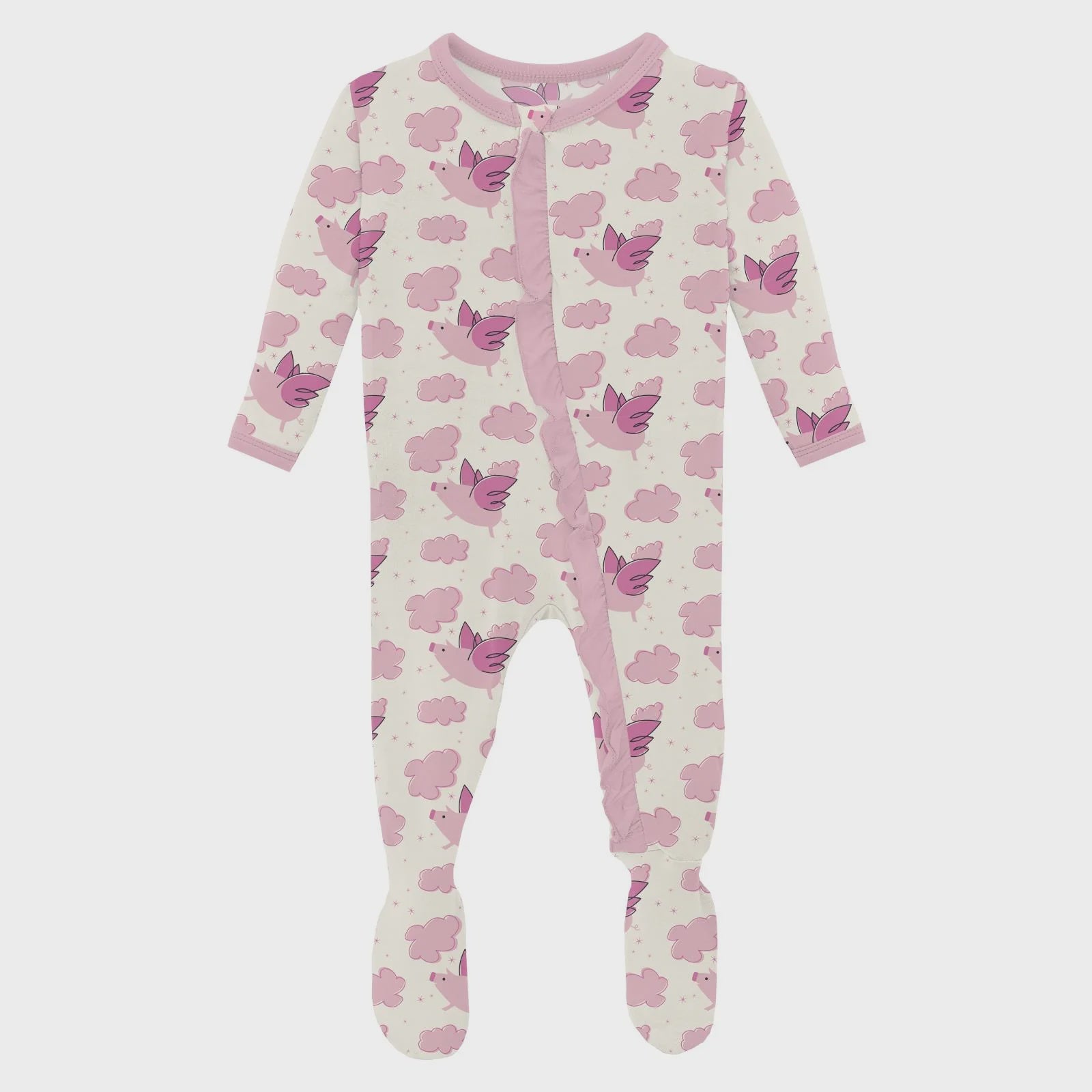 Print Classic Ruffle Footie with 2 Way Zipper-Natural Flying Pigs