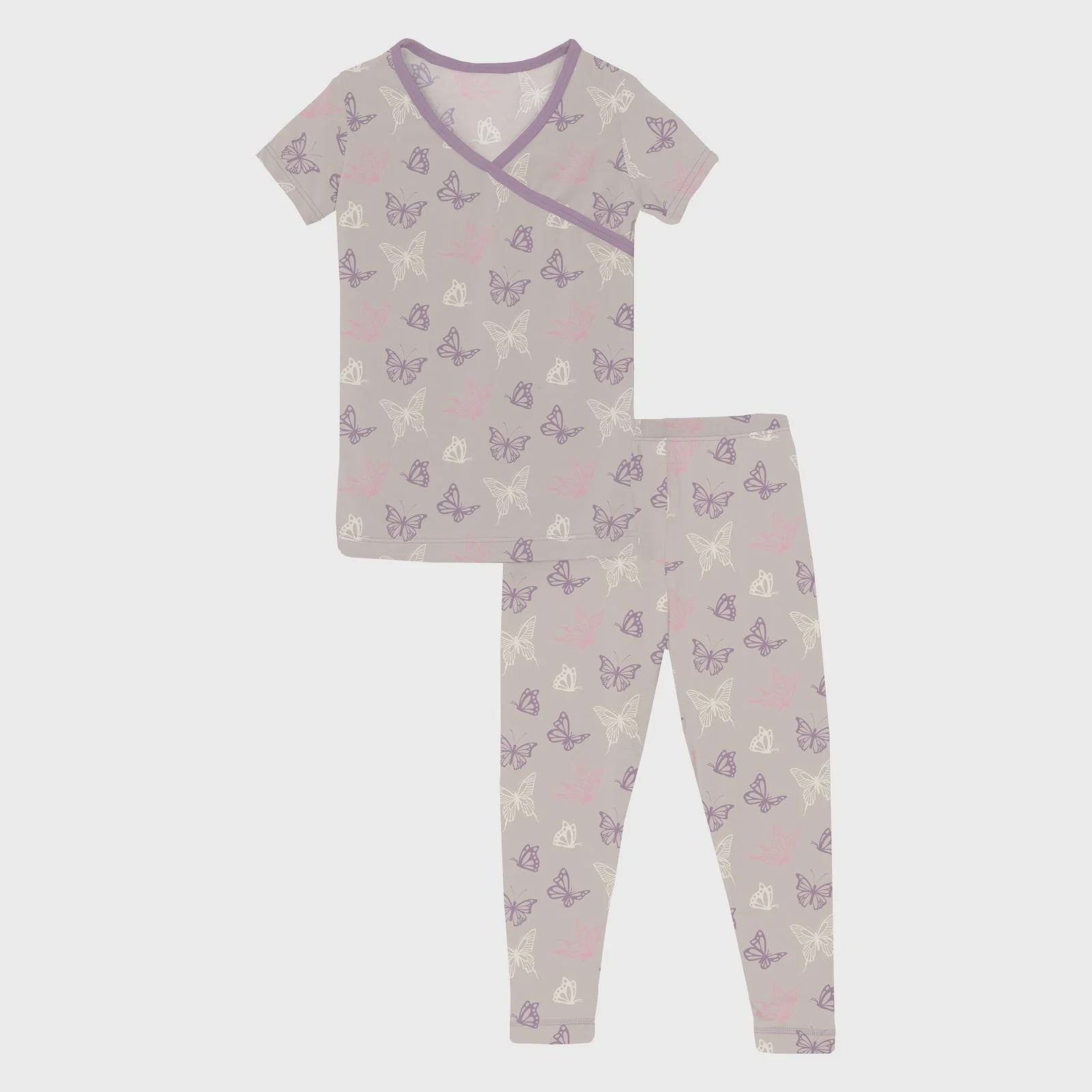 Kickee Short Sleeve Kimono Pajama Set-Latte Butterflies