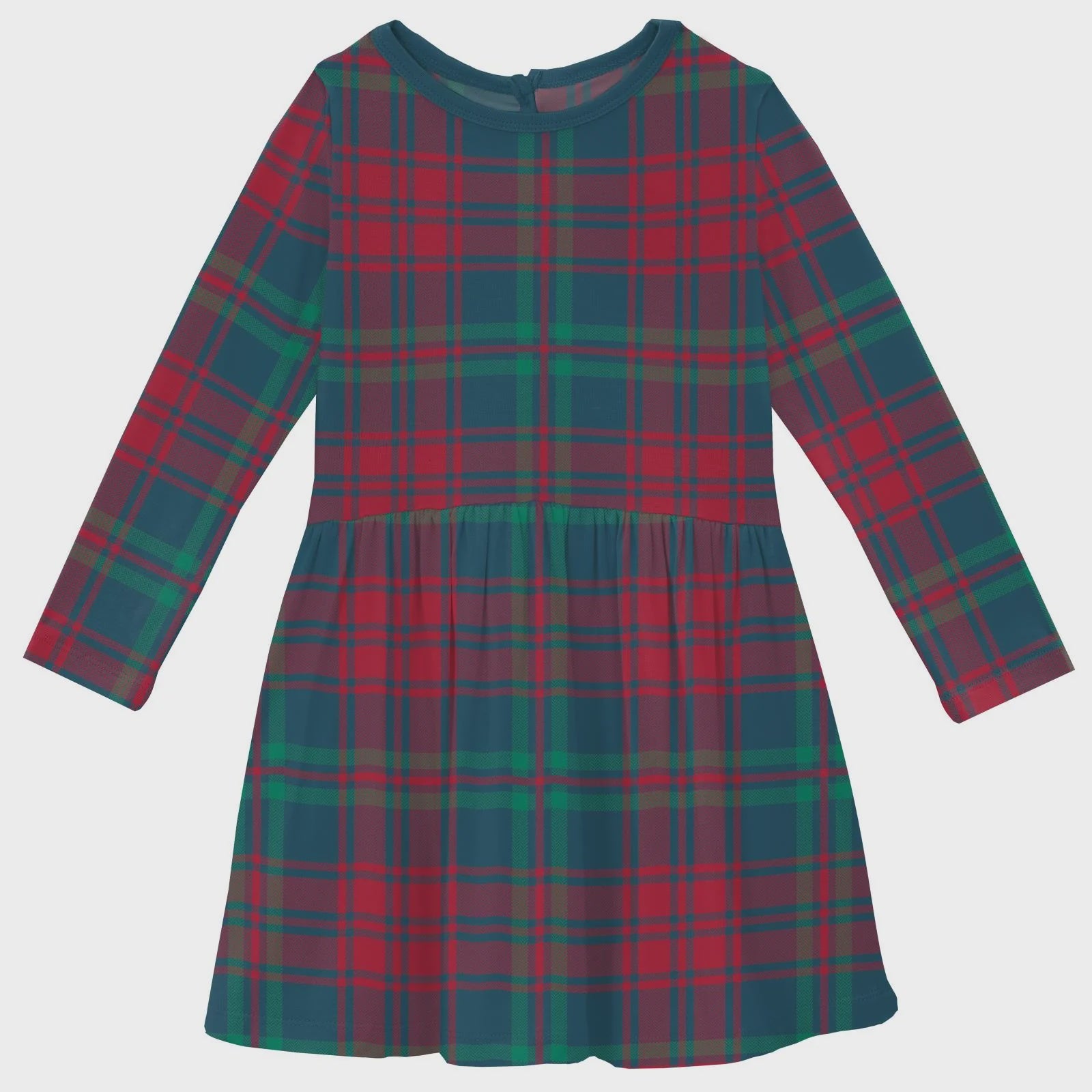 Kickee Long Sleeve Twirl Dress With Pockets-Peacock Plaid