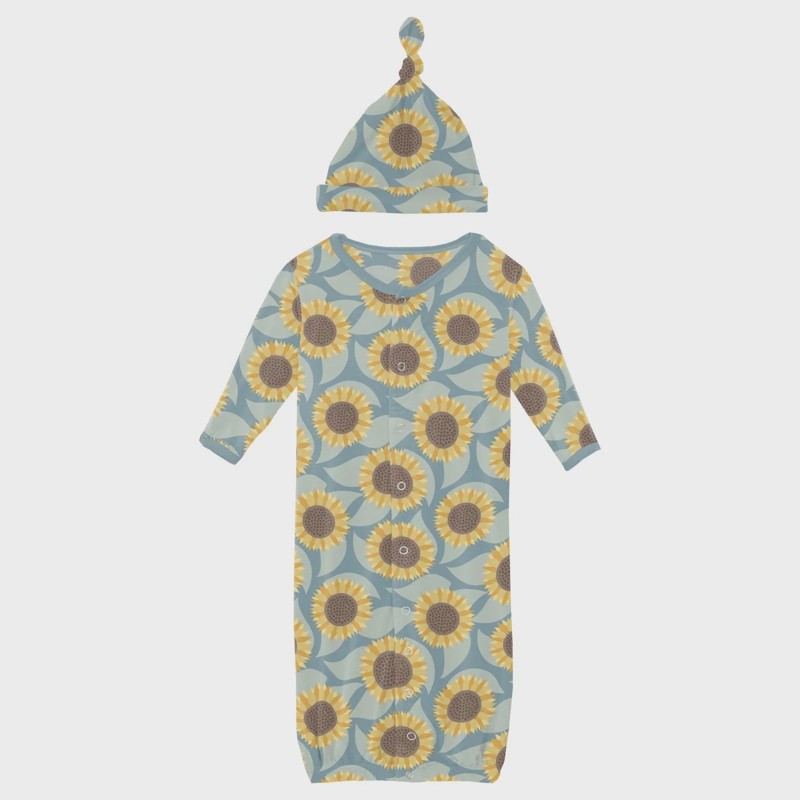 Kickee Layette Gown Converter & Single Knot Hat Set Stormy Sea Sunflower
