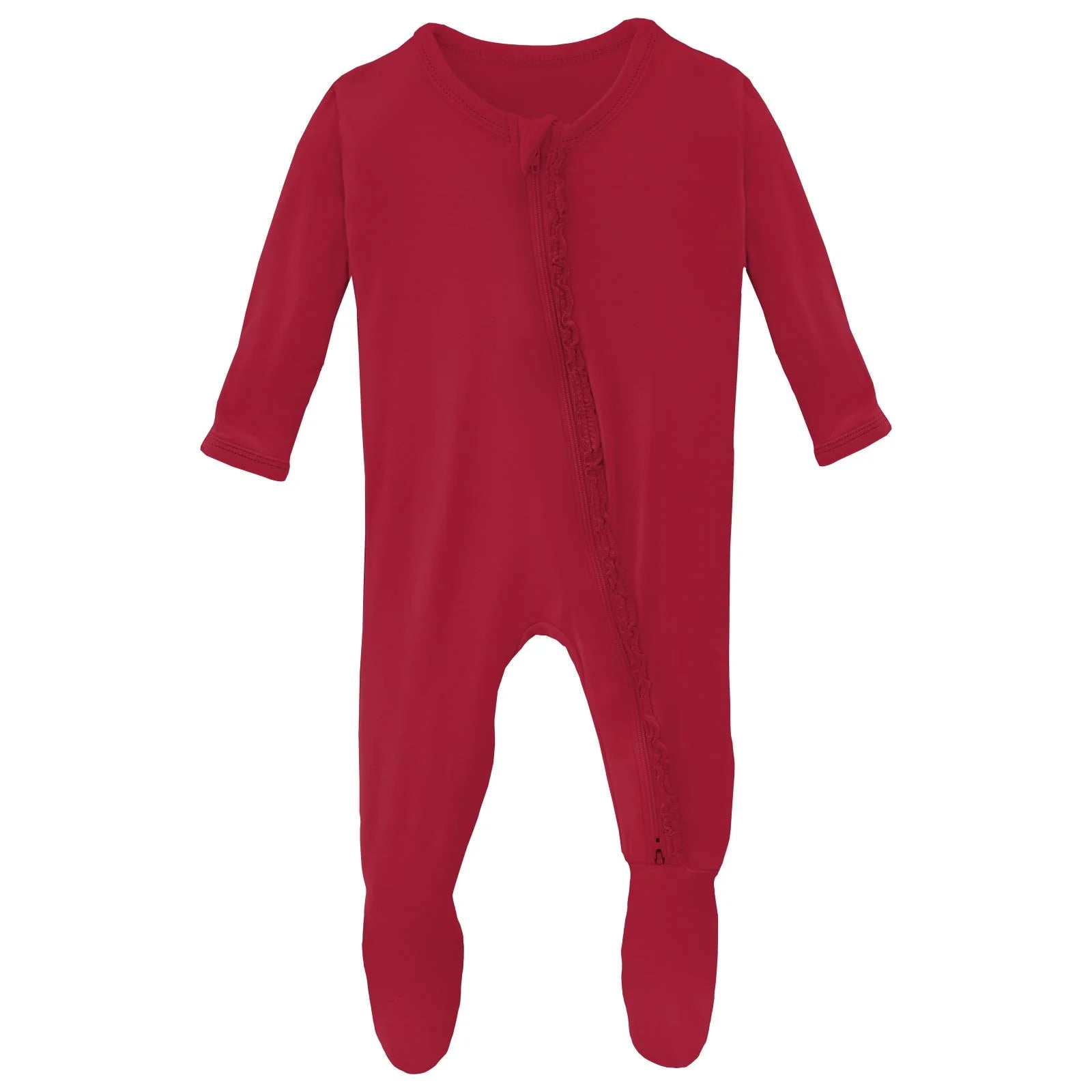 Kickee Muffin Ruffle Footie with 2 Way Zipper-Crimson