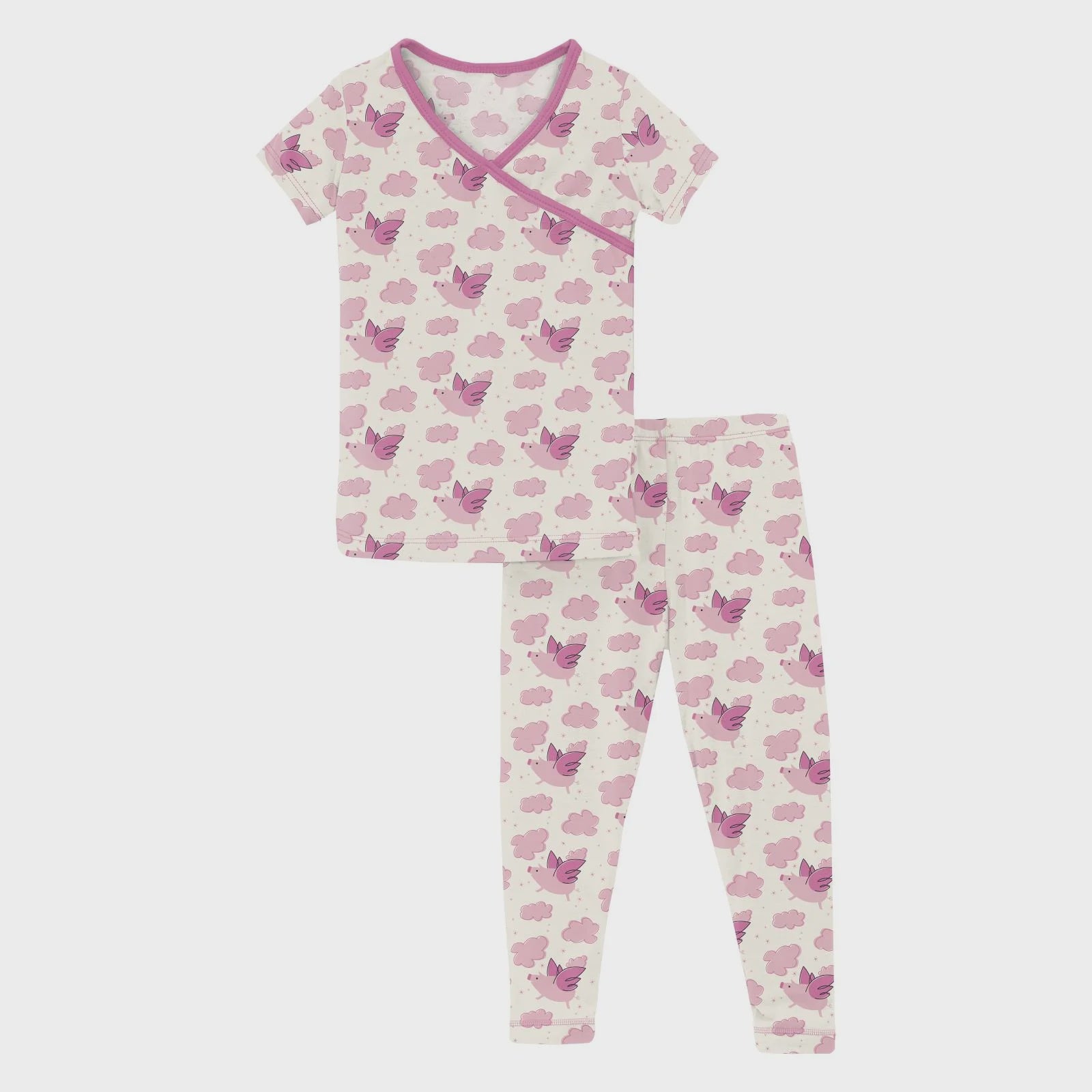 Kickee Short Sleeve Kimono Pajama Set-Natural Flying Pigs