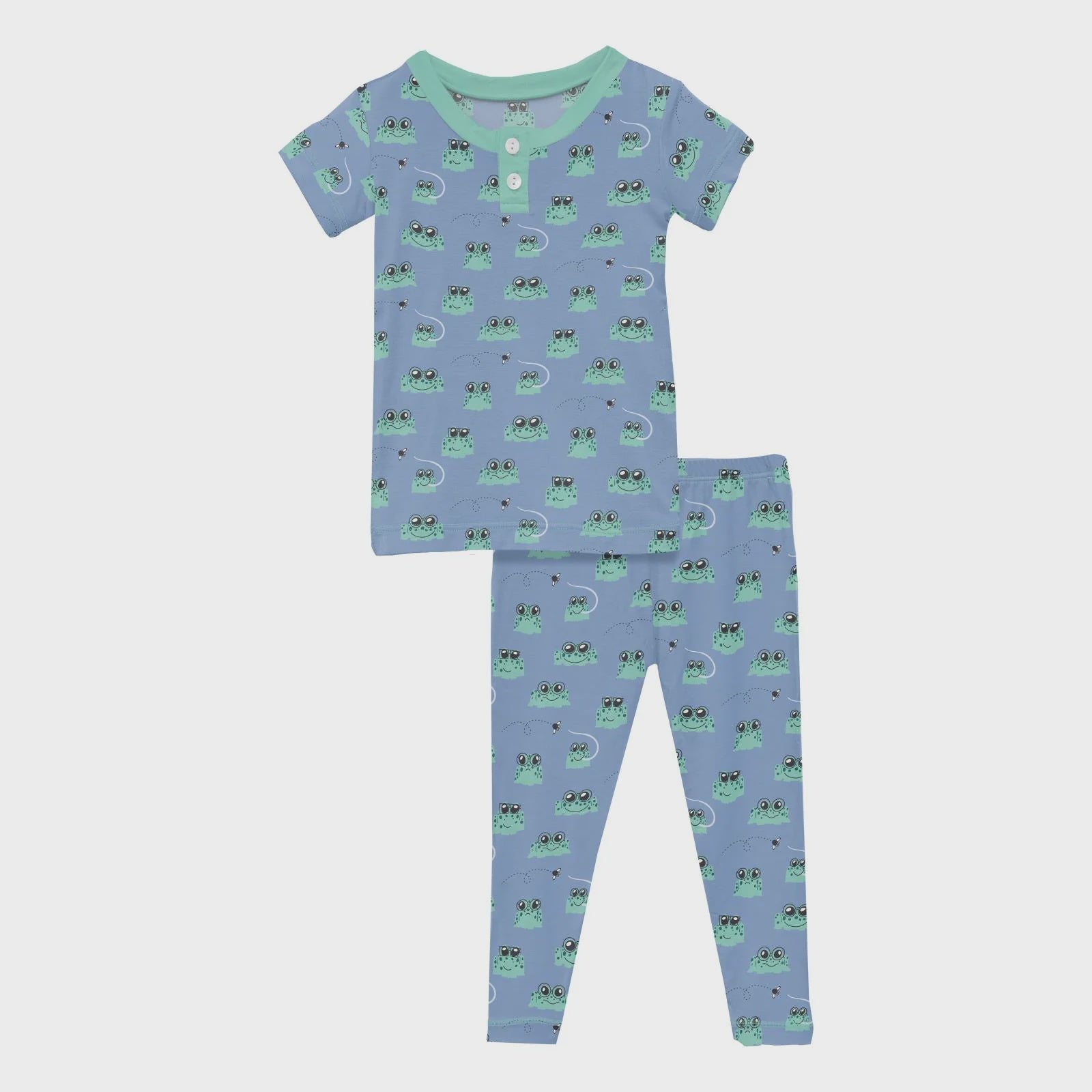 Print Short Sleeve Henley Pajama Set-Dream Blue Bespeckled Frogs