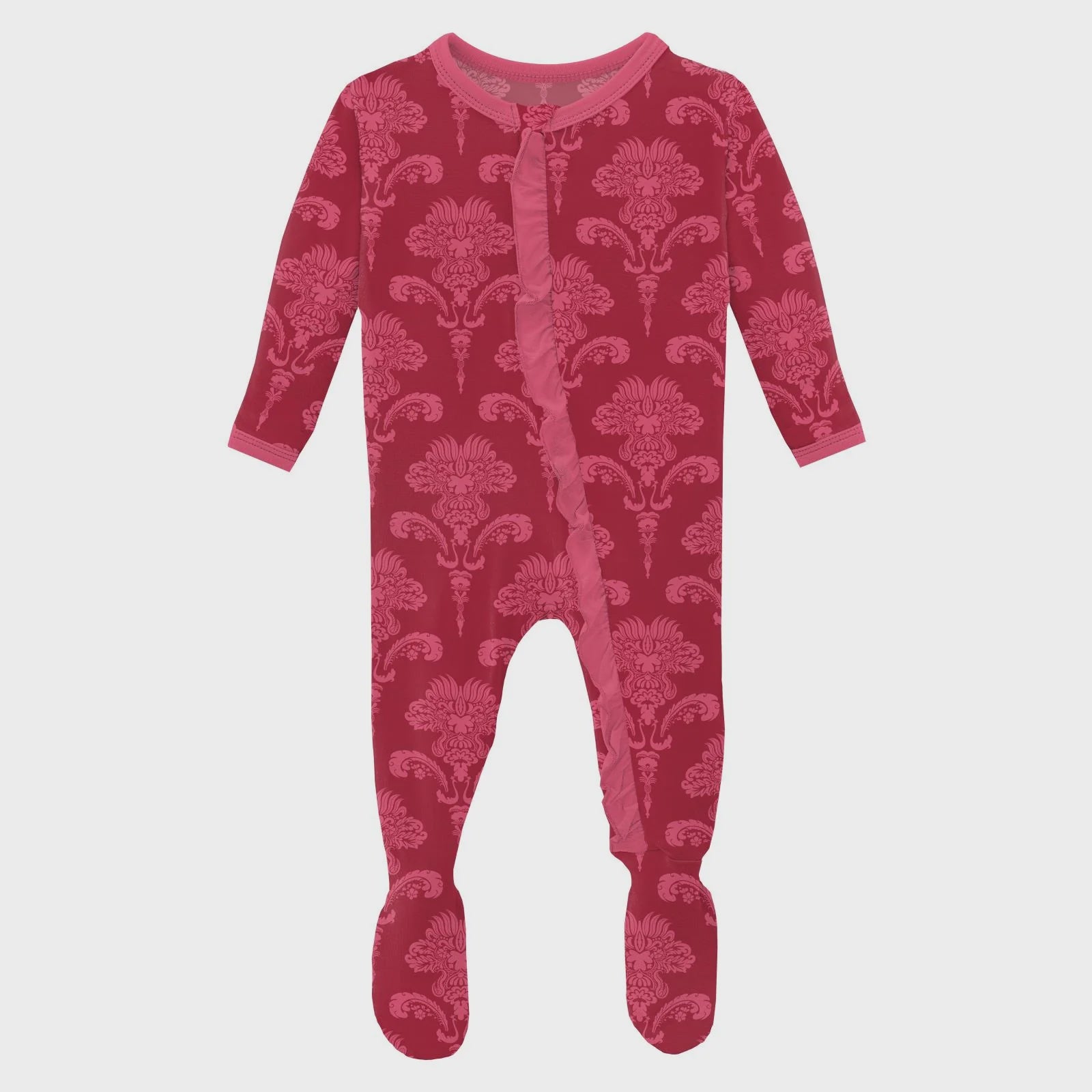 Print Classic Ruffle Footie with 2 Way Zipper-Crimson Damask