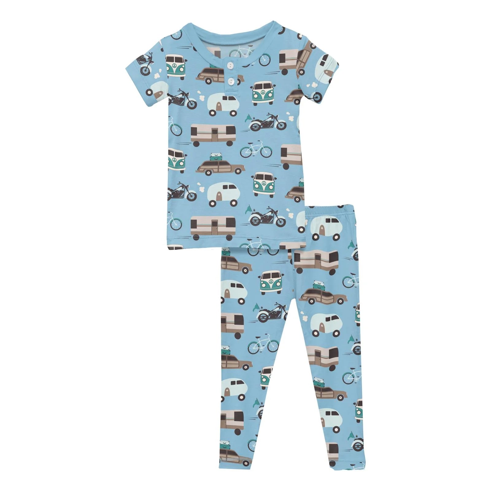 Print Short Sleeve Henley Pajama Set-Seaside Blue On The Way