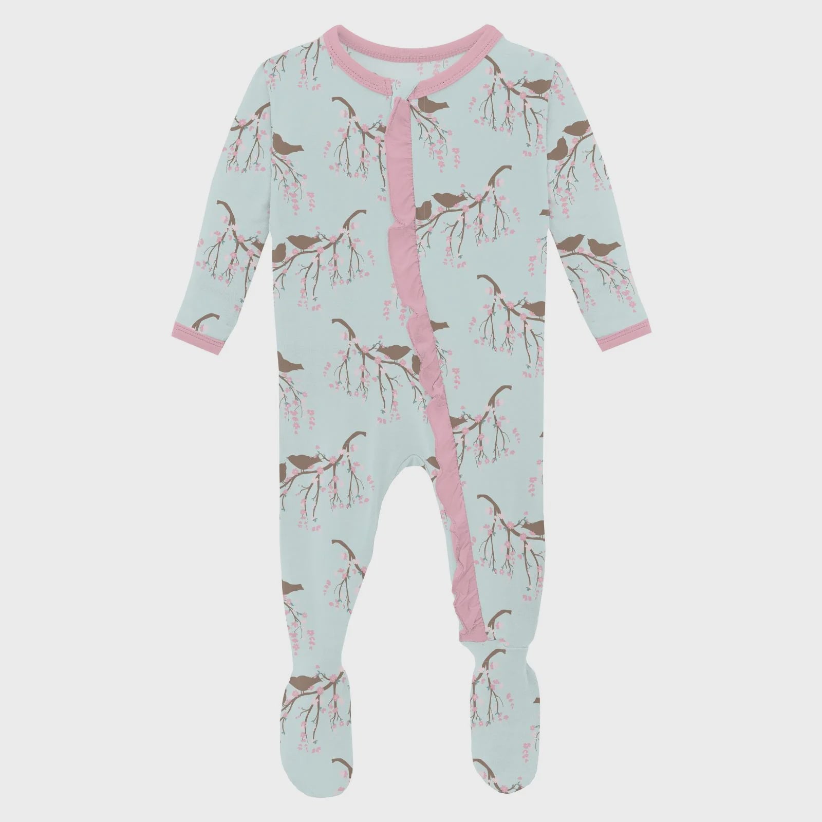 Print Classic Ruffle Footie with 2 Way Zipper-Fresh Air Bird Branch