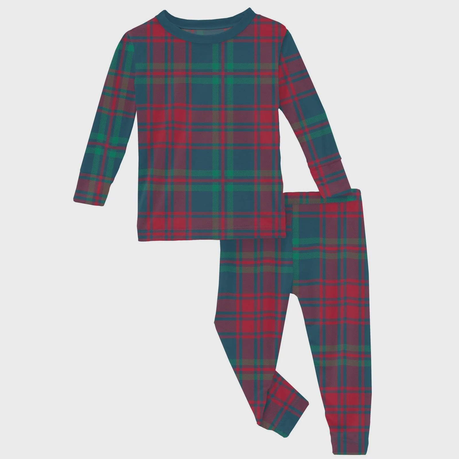 Print Long Sleeve Pajama Set-Peacock Plaid