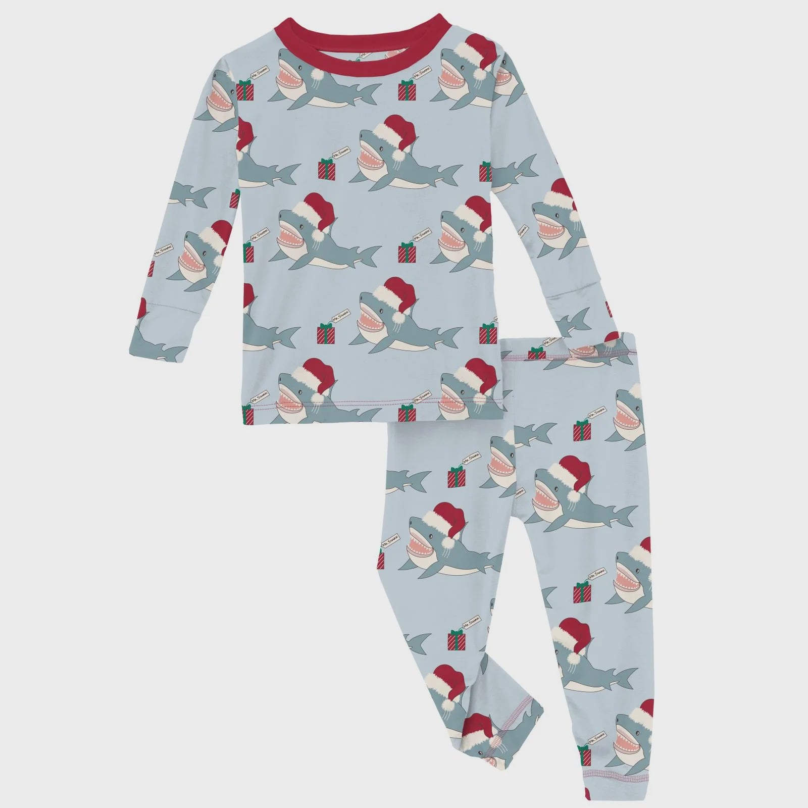 Print Long Sleeve Pajama Set-Illusion Blue Holiday Sharks