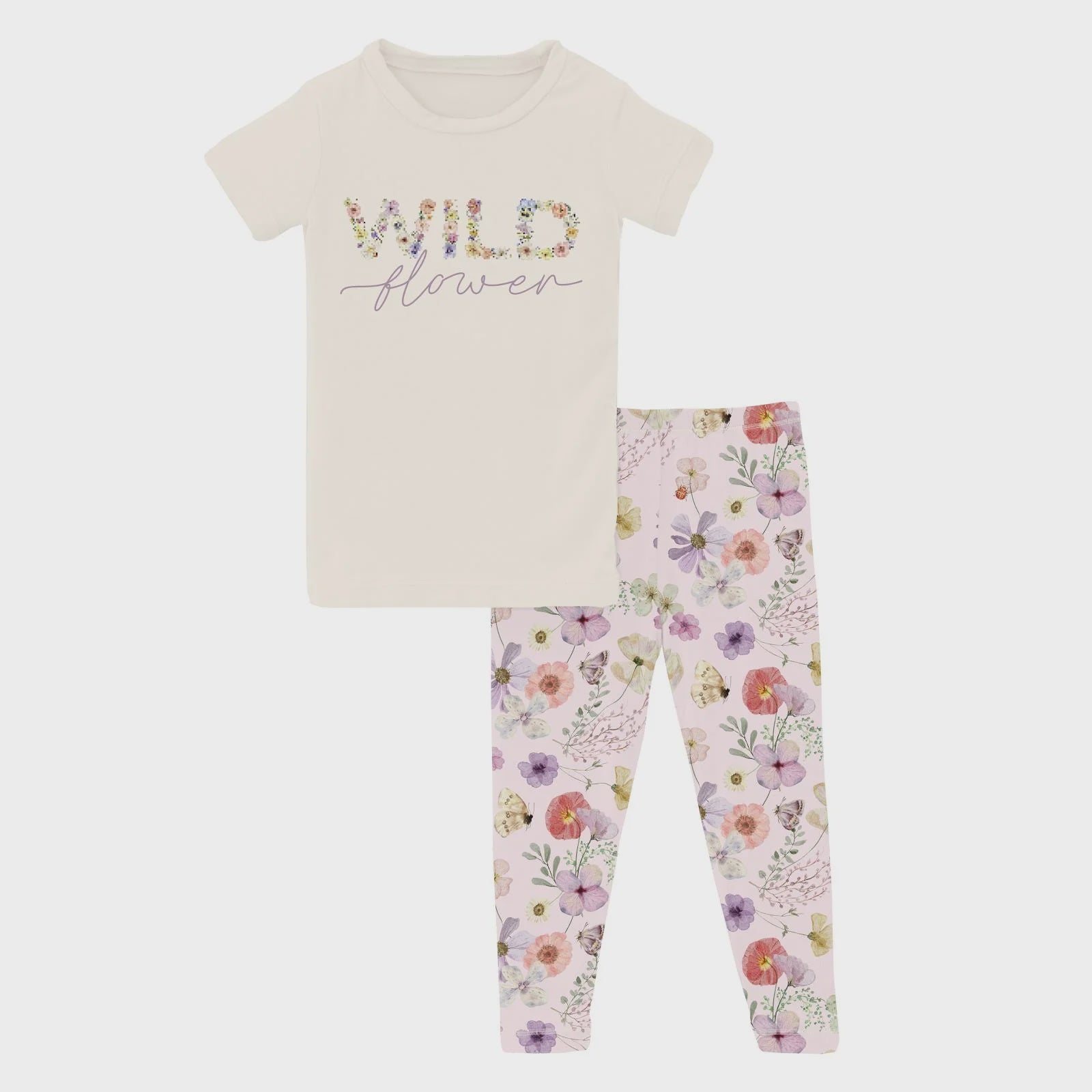 Kickee Short Sleeve Graphic  Tee Pajama Set-Shrinking Violet Pressed Flowers