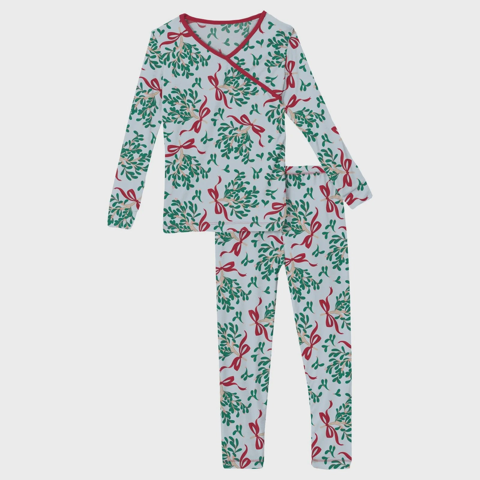 Kickee Long Sleeve Kimono Pajama Set-Illusion Blue Mistletoe & Ribbons