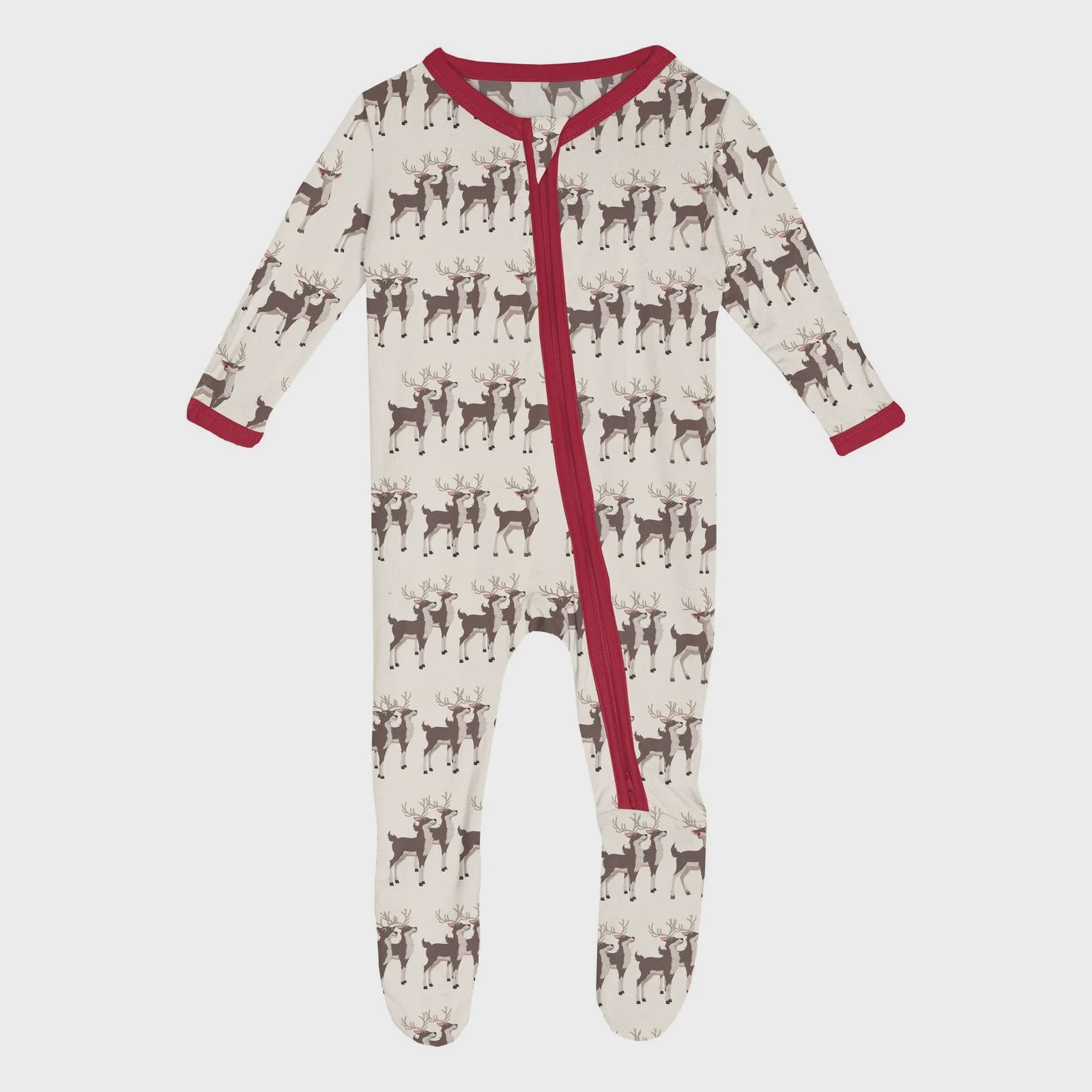 Print Footie with 2 Way Zipper-Natural Rudolph