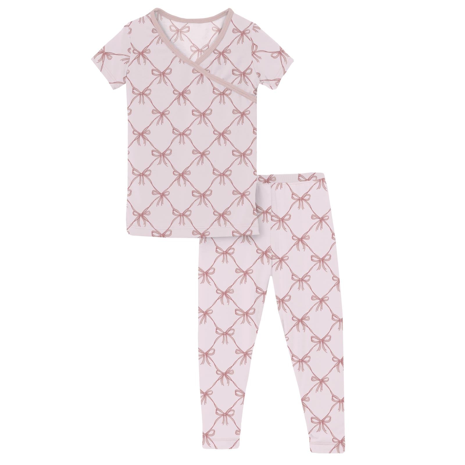 Print Short Sleeve Kimono Pajama Set Shrinking Violet Bow Lattice