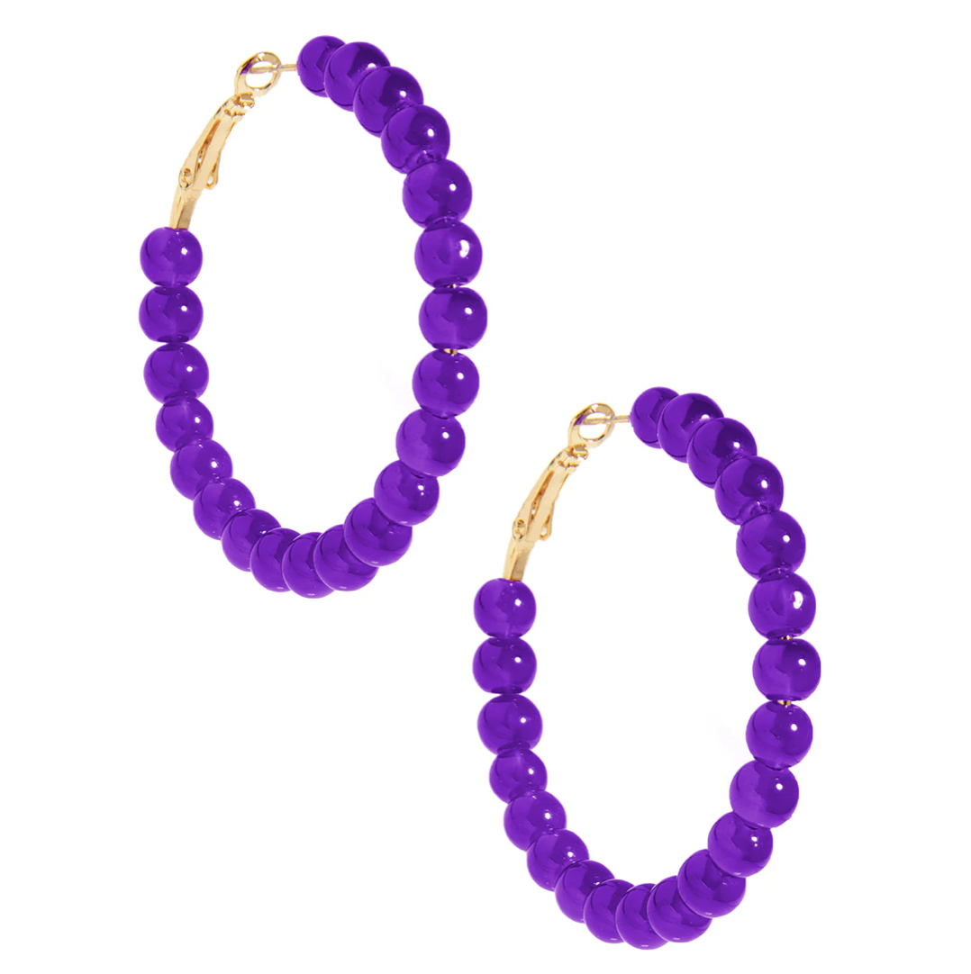 Large Beaded Glass Hoop Earring-Purple