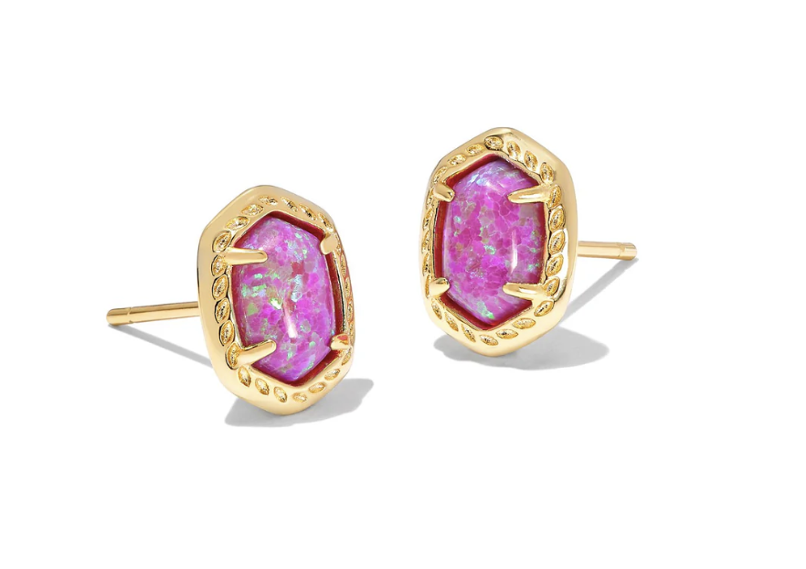 Daphne Framed Stud Earrings Gold Magenta Opal