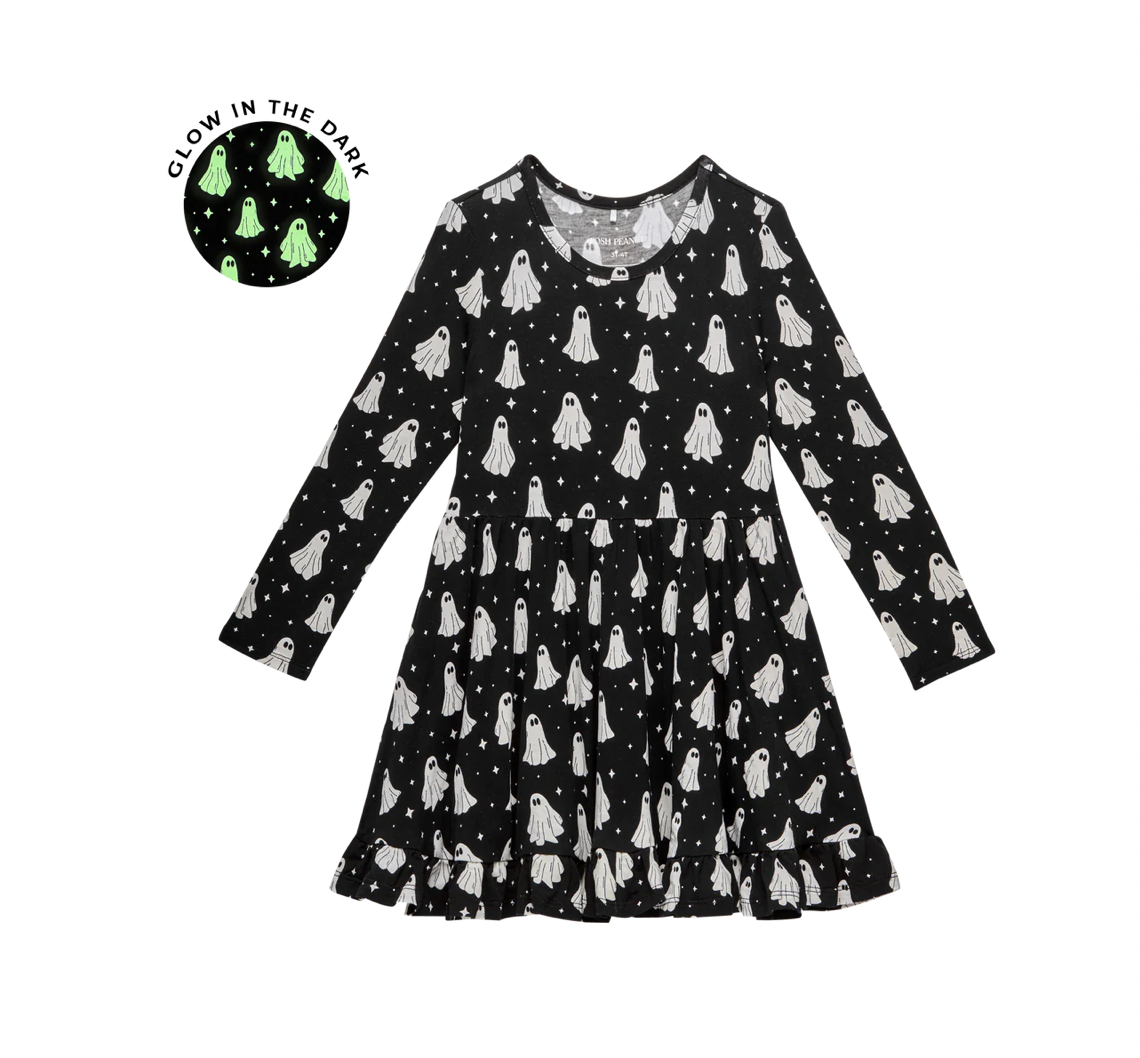 Long Sleeve Ruffled Twirl Dress-Ghostly