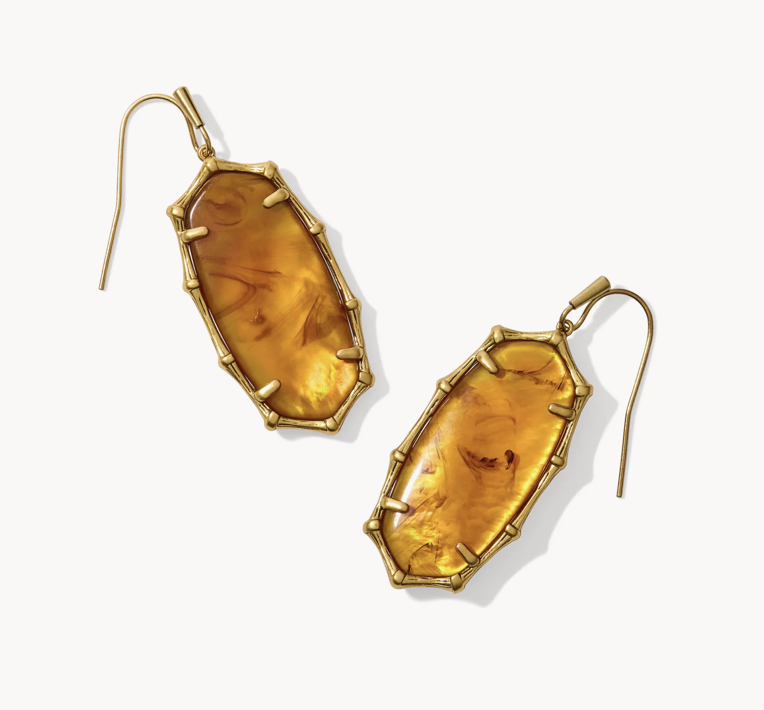 Kendra Scott Elle Vintage Bamboo Drop Gold Earrings Marbled Amber Illusion