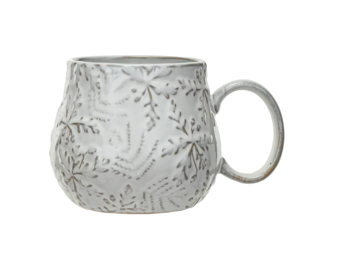 16oz Embossed Stoneware Mug White with Snowflakes