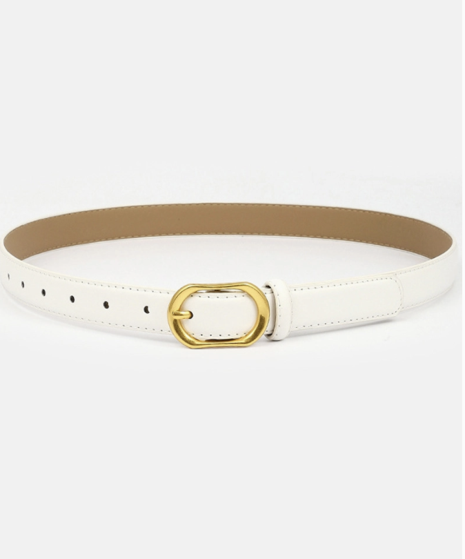 Gold Round Buckle Slim Belt White