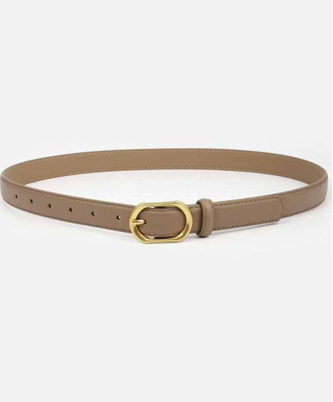 Gold Round Buckle Slim Belt Khaki