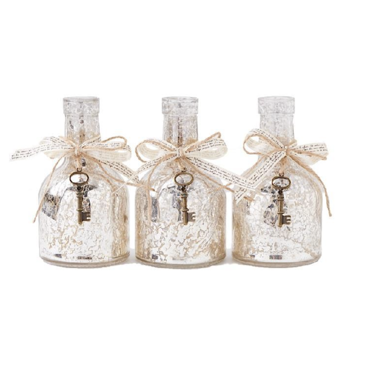K&K Interiors 6.5" Mercury Glass Bottle Ribbon and Key Accent