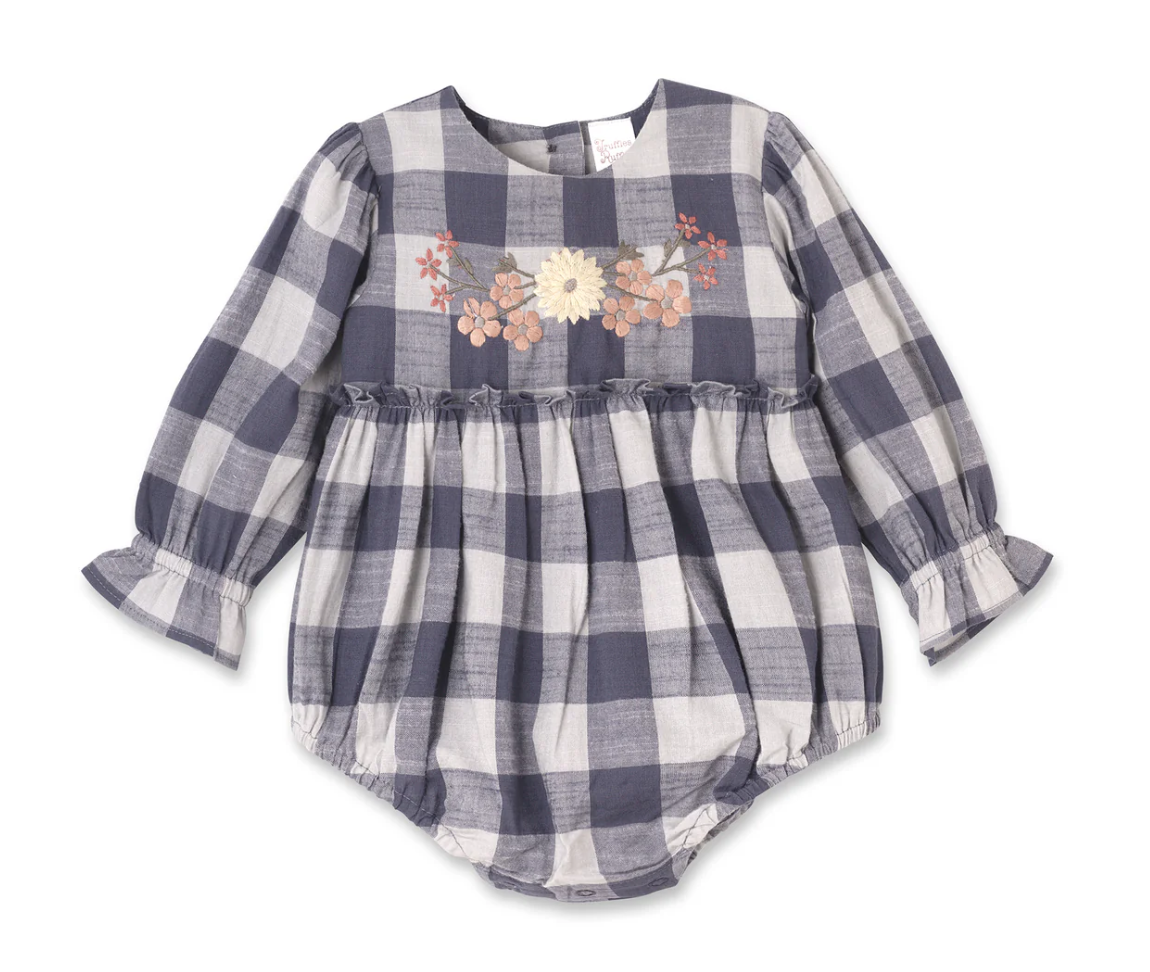 Eloise LS Check Bodice Embroidered Bubble Bodysuit