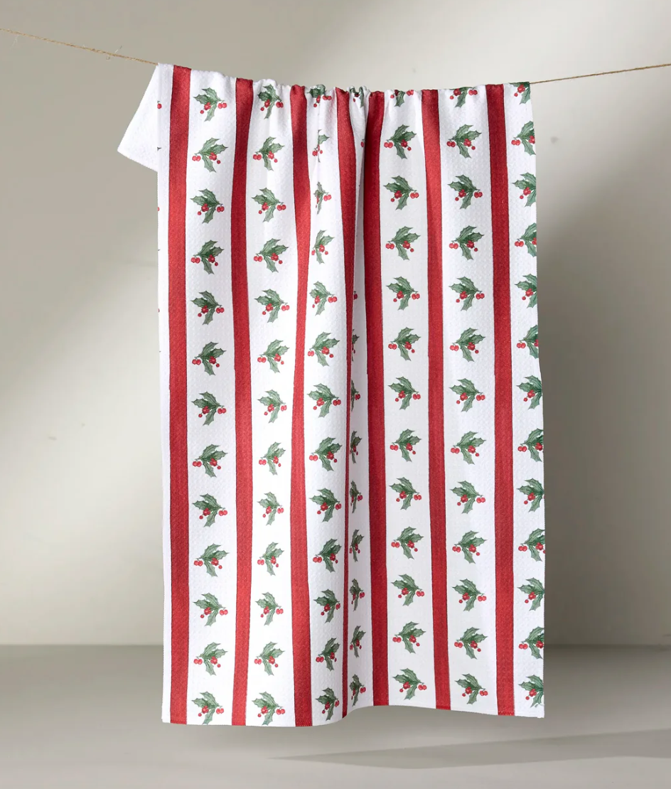 Christmas Holly Stripe Tea Towel
